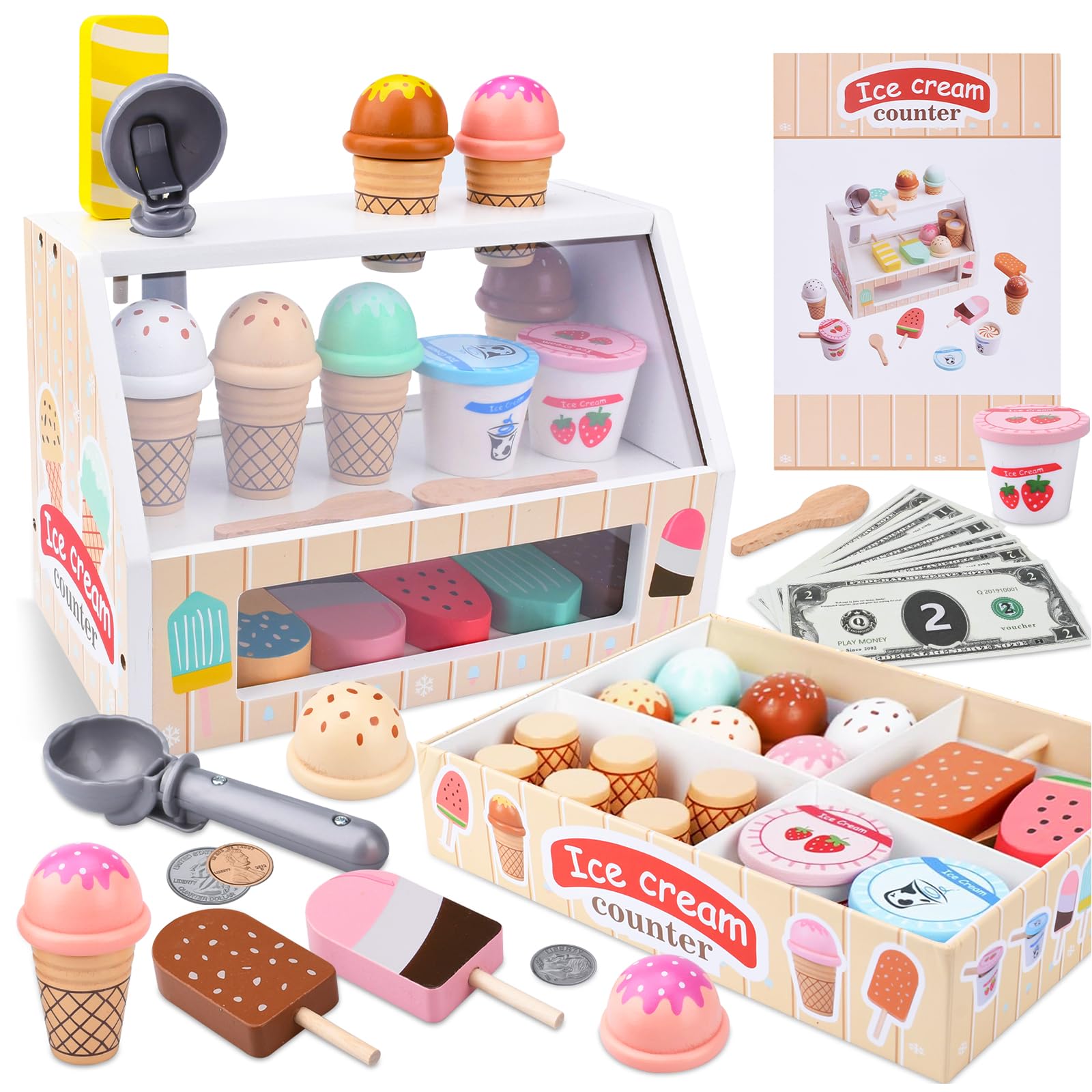 Gelateria Giocattolo per Bambini,Giocattolo per Gelato in Legno,Montessori Gioco di Ruolo Educativo Regalo per Bambini,Gelateria Giocattoli in Legno per Bambini da 3 4 5 6 Anni Ragazzi Ragazze - 1