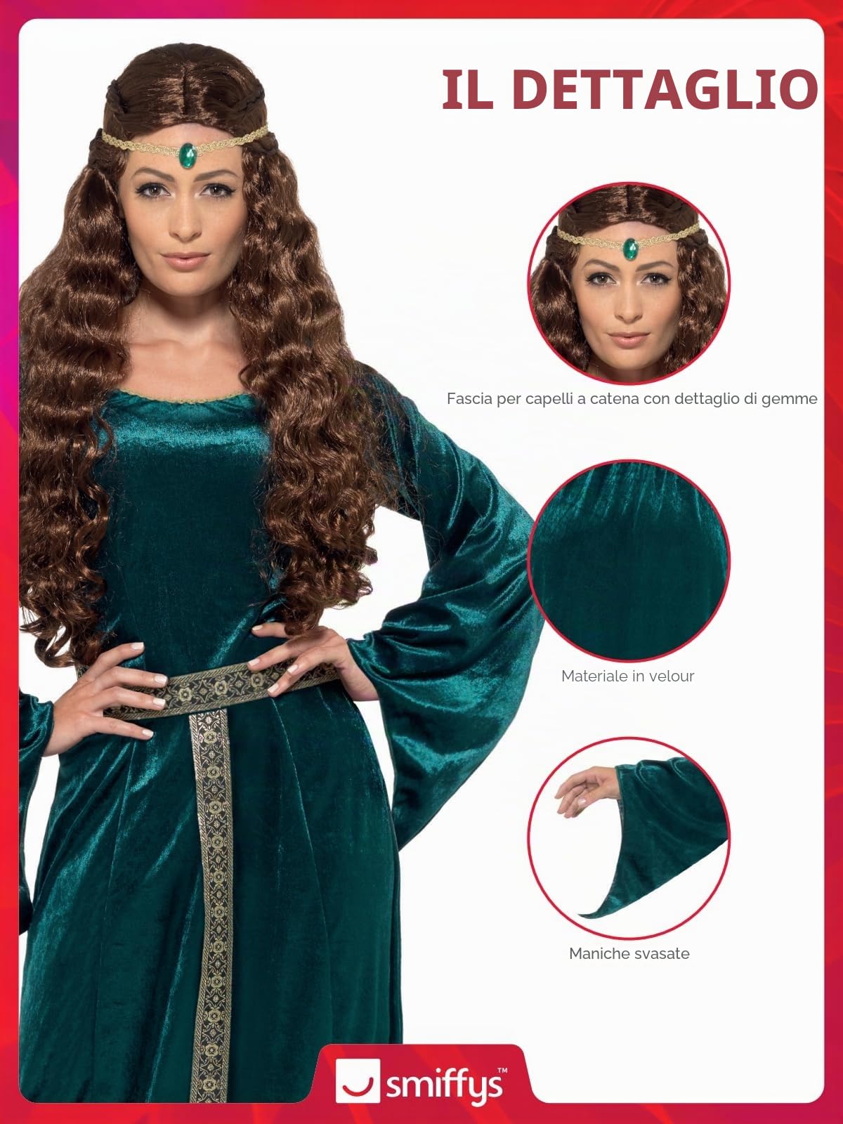 SMIFFYS Costume Damigella medievale, Verde, con abito e copricapo Halloween