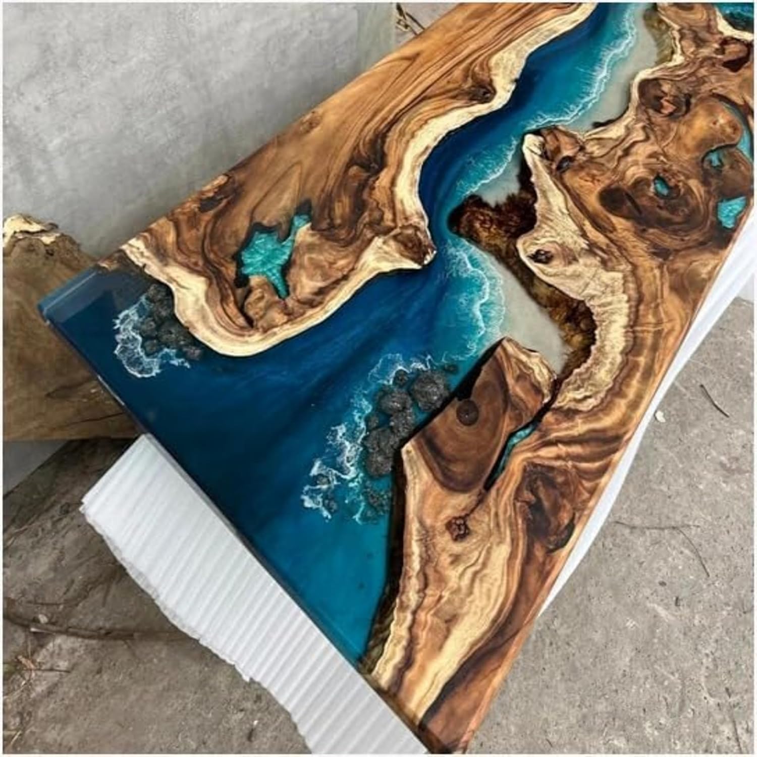 Exquisite Ocean Blue Epoxy Resin Dining Table Coffee Table with Rock And Stone Console Table Side/End Table Living Room Coastal Table Bar Counter Table Home Décor (Without Stands, 60 x 30 Inches)