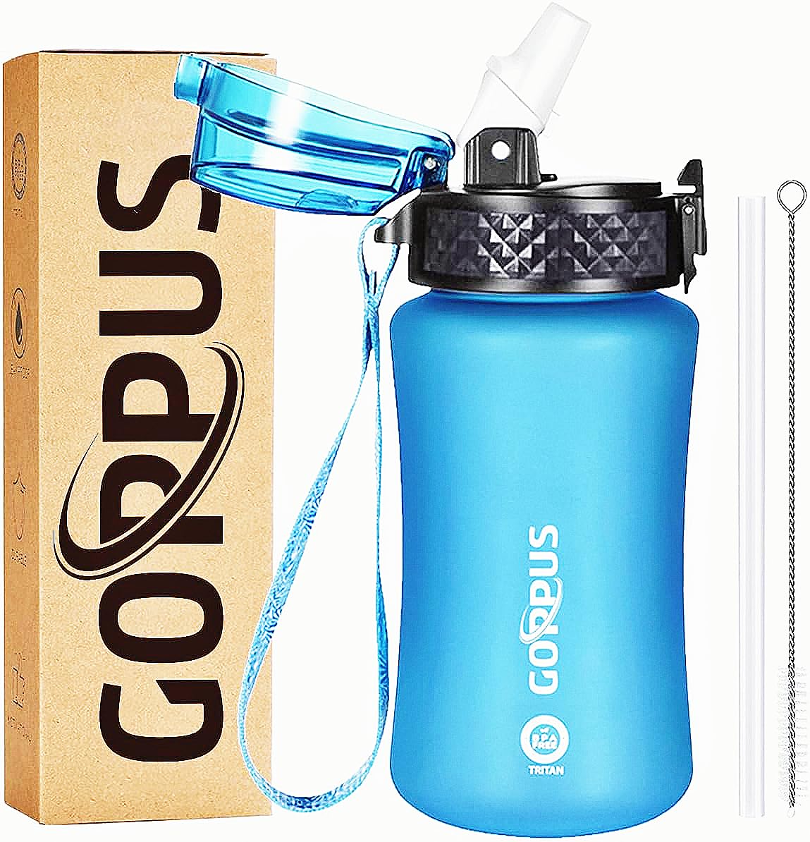 GOPPUS Kids Water Bottle with Straw Spout Lid 10pcs Stickers 12 oz Leak-proof BPA Free Motivational Time Marker Tritan Plastic Water Bottles for Girls Boys School Sports