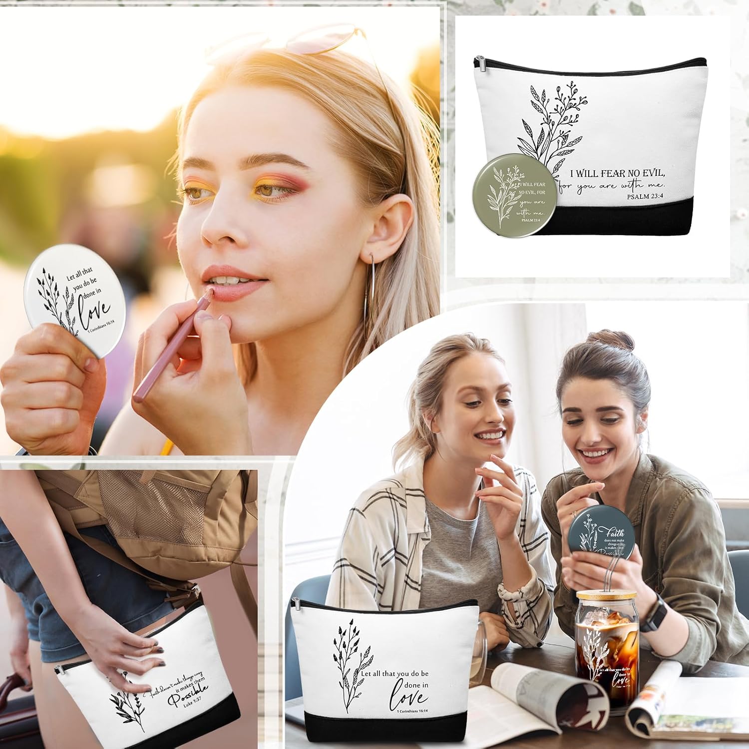 Fumete 6 Sets Easter Christian Gift Sets for Women Glass Cup Tumblers Lid Straw Makeup Bag Religious Mini Mirror Bulk Mothers Day Church Gift for Sunday School Teacher(Boho Flower Bible,White)