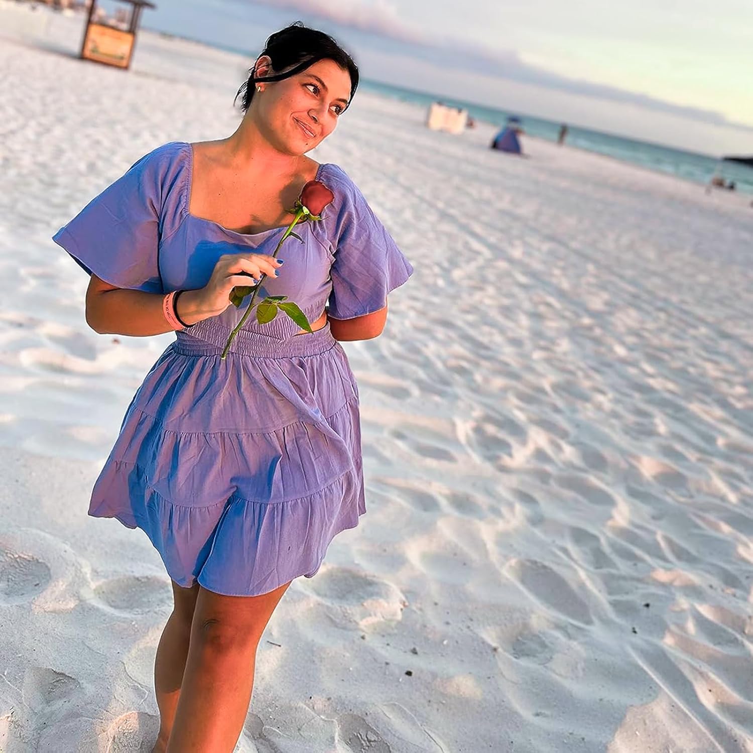 Senllen Womens Summer Dresses 2025 Short-Sleeve Square Neck Mini Dress Crossover Elastic Waist Casual Party Tiered Dress - Image 5