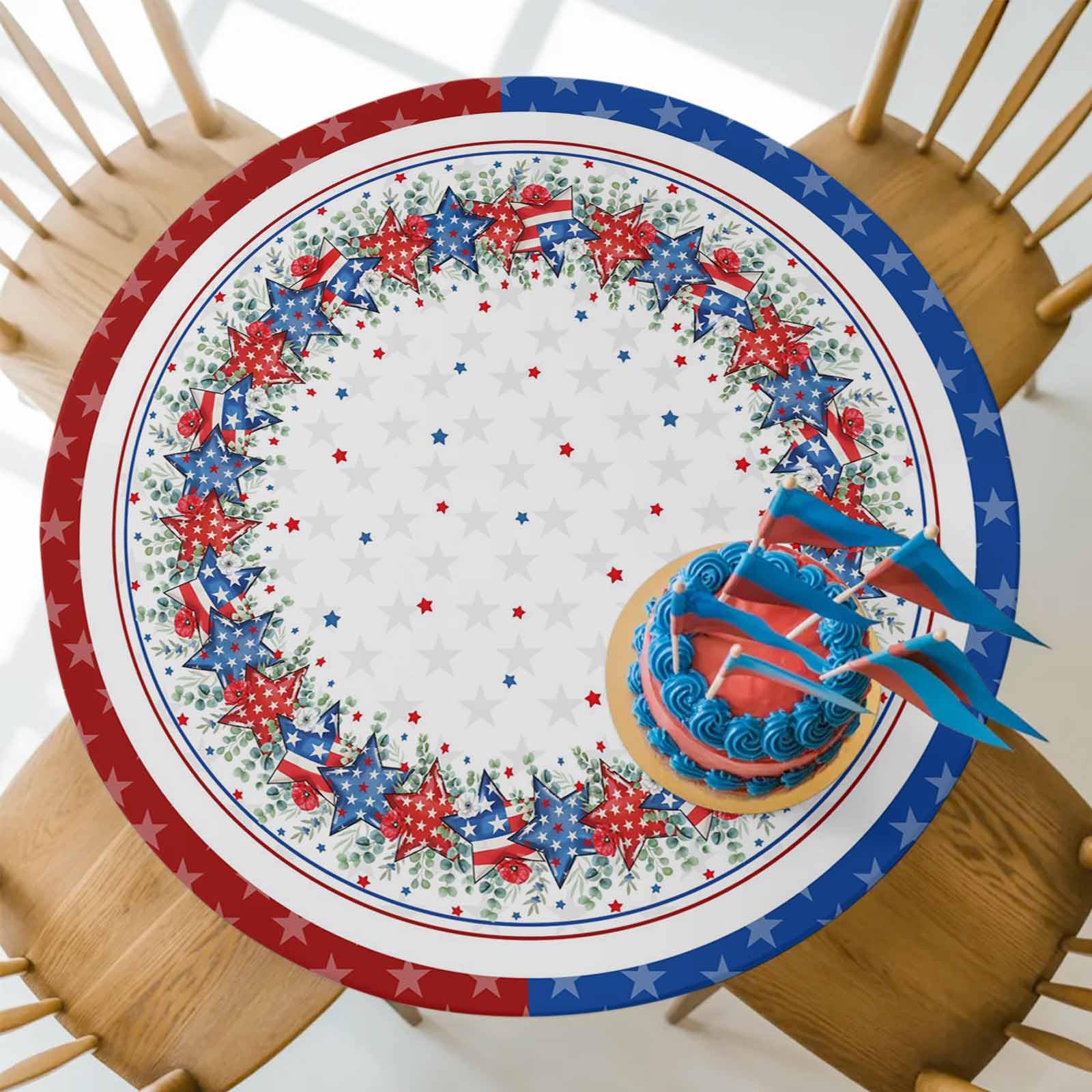 Independence Day Red Blue Star and Stripe Kitchen Fitted Tablecloth for Round Table,4th of July Table Cover with Elastic Edge Waterproof Patriotic