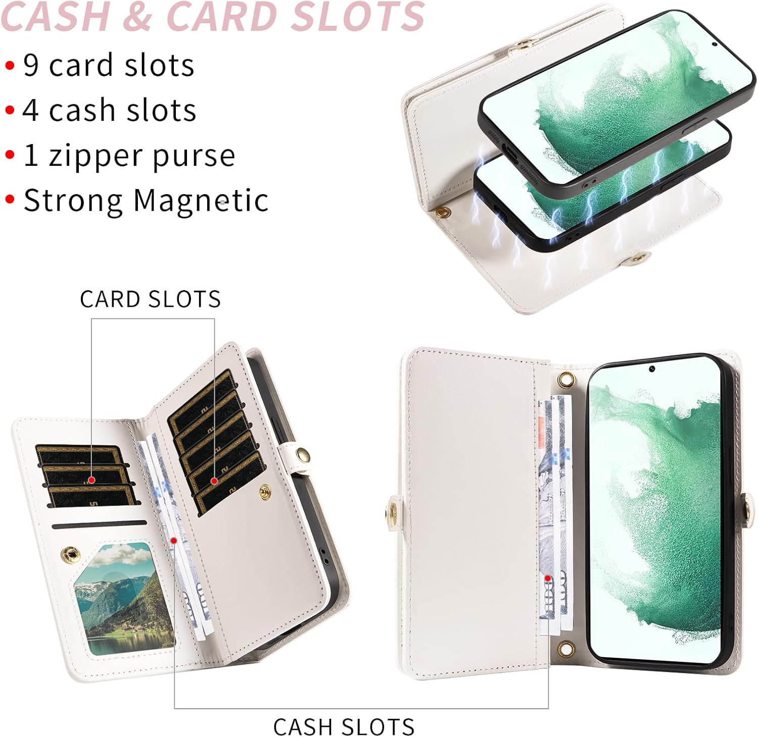 Asuwish Phone Case for Samsung Galaxy S22 Plus S22+ 5G Zipper Wallet Detachable Cell Cover with Screen Protector Crossbody Strap Bling Flip Credit Card Holder S22+5G S22plus 22S + S 22 22+ Women White