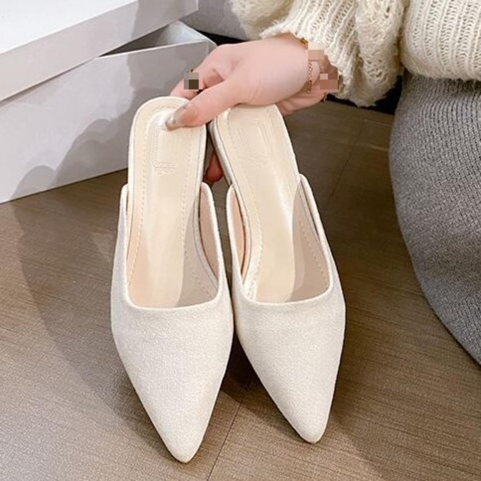 Generico Mules Donna Camoscio Punta Appuntita Tacco Blocco Basso Senza Schiena
