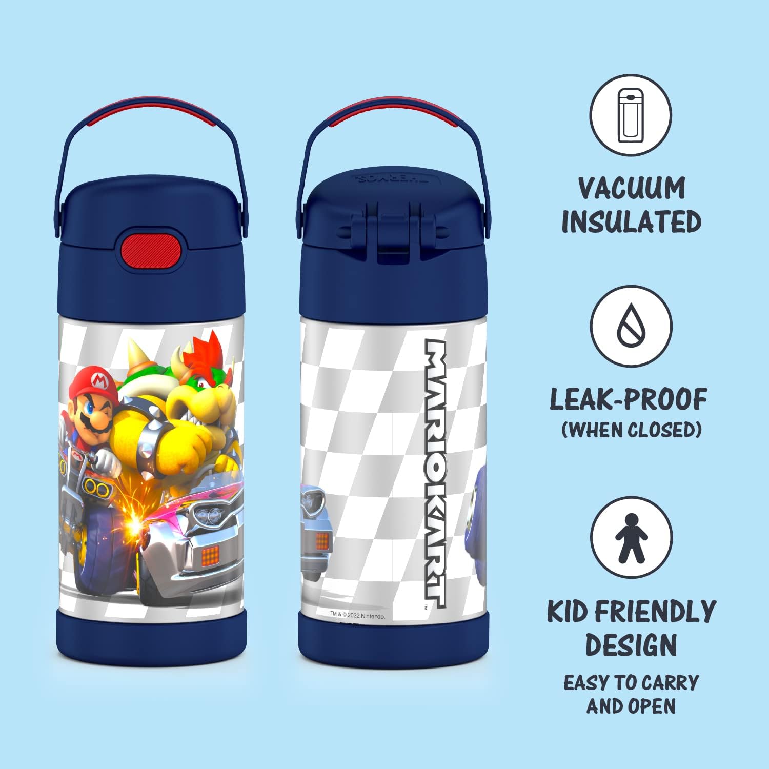 THERMOS FUNTAINER 12 Ounce Stainless Steel Vacuum Insulated Kids Straw Bottle, Super Mario Brothers & FUNTAINER 12 Ounce Stainless Steel Vacuum Insulated Kids Straw Bottle, Bluey