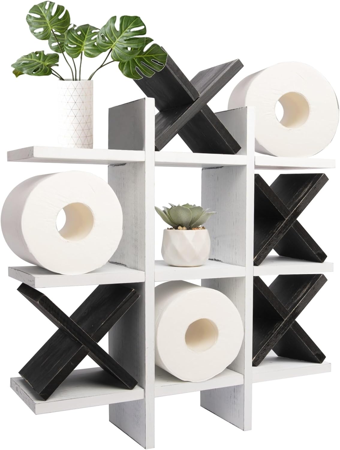GENMOUS Handmade Tic Tac Toe Toilet Paper Holder For Black and White Bathroom Decor, Funny Wall Mounted Free Standing Toilet Tissue Paper Storage For Kids Guest Restroom Farmhouse Bathroom Decor White