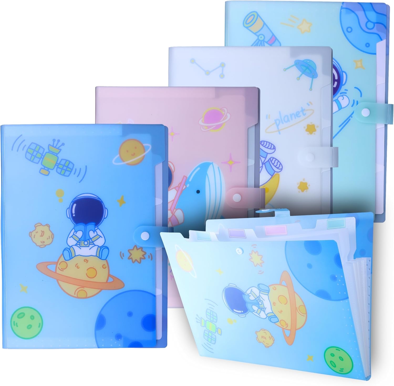 SPS A4 Expanding File Folder – Pack of 4 | Space Theme | 5 Pockets | Pastel Colors – Blue, White, Green, Pink | Snap Button Closure | Fits A4 & Letter Size | Fun & Kid-Friendly