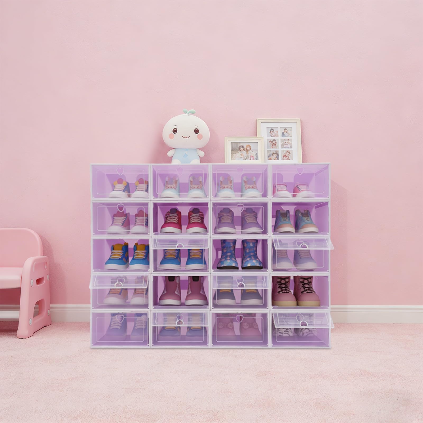 Confezione da 20 scatole per scarpe in plastica trasparente, antimacchia e traspirante, impilabili, adatte per stivaletti, scarpe sportive e décolleté (viola)