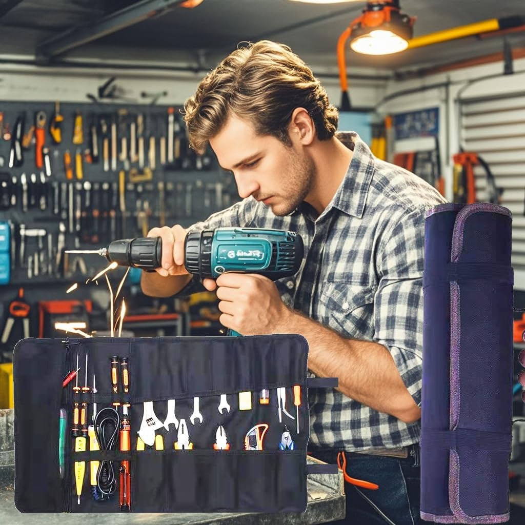 23 Pocket Tool Roll Up Bag for Wrenches & Spanners - Heavy Duty Oxford Organizer Pouch with Elastic Loops & Zipper Pocket, Portable Mechanic Storage Case for Motorcycle Truck Emergency Kit
