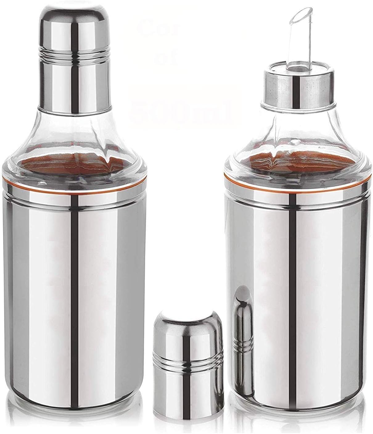 2 Pieces Stainless Steel Oil Dispensers for Kitchen use with Sharp Finish, Slim, Look 500 Ml, Silver-KUBMART10320