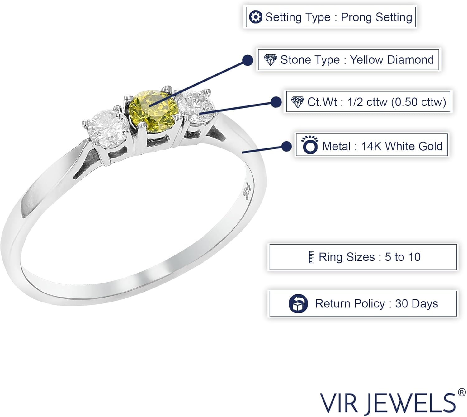 VIR JEWELS 1/2 cttw 3 Stone Yellow and White Diamond Engagement Ring 14K White Gold