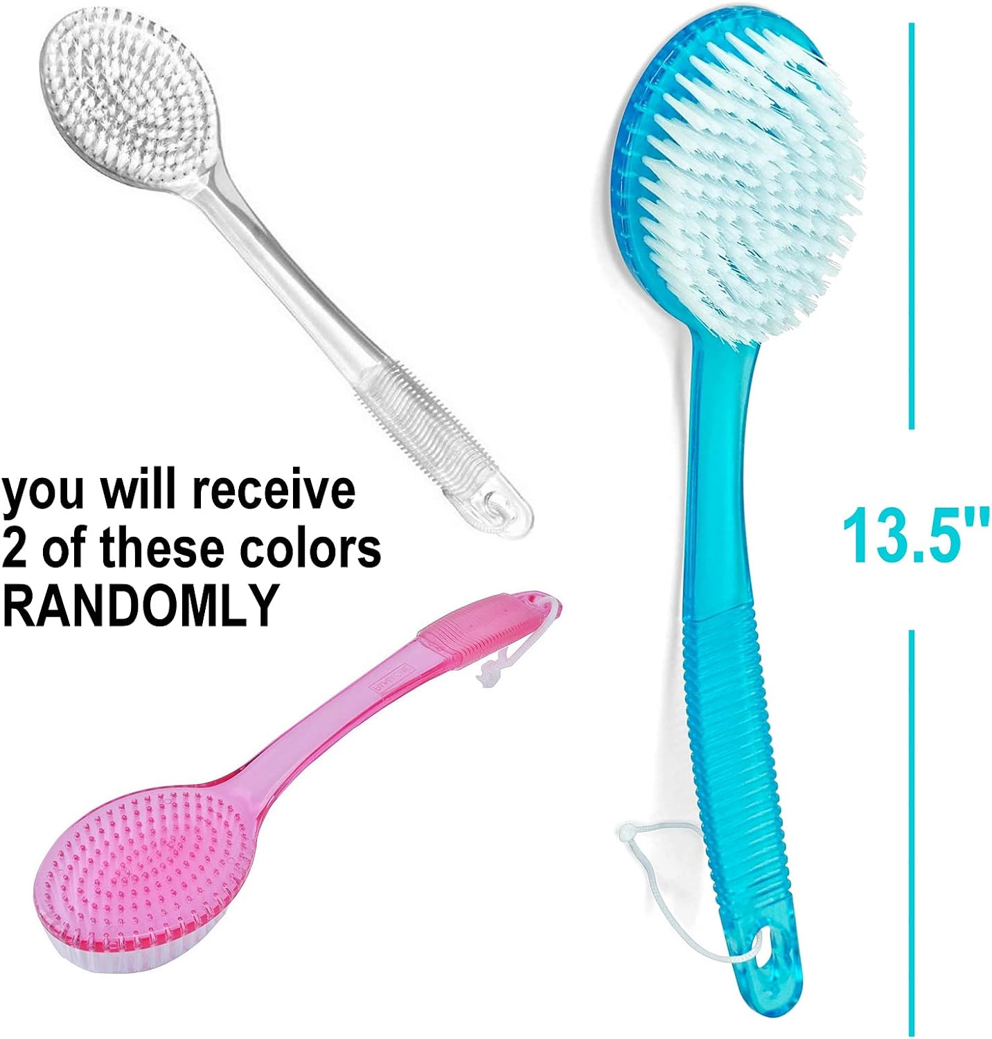 2 Random Colors ALAZCO Bath Brush Back Scrub Scrubber Shower Body Skin Exfoliating 13.5" Long Handle