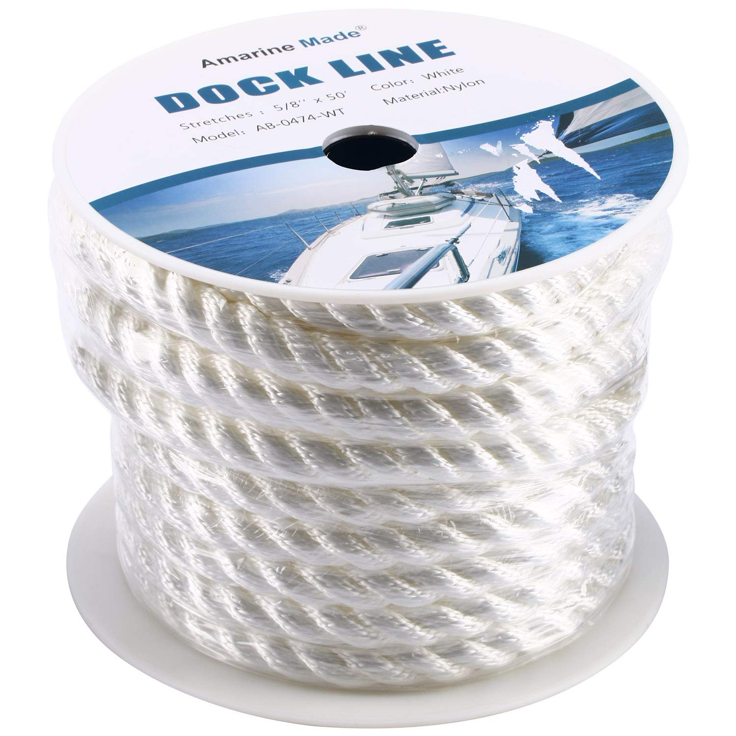 Amarine Made5/8 inch 50 feet 3 Strand Twisted Nylon Rope Dockline Multipurpose Utility Line - Alkali Chemical and Weather Resistant - Crafts Towing Dock Line Color: Black White