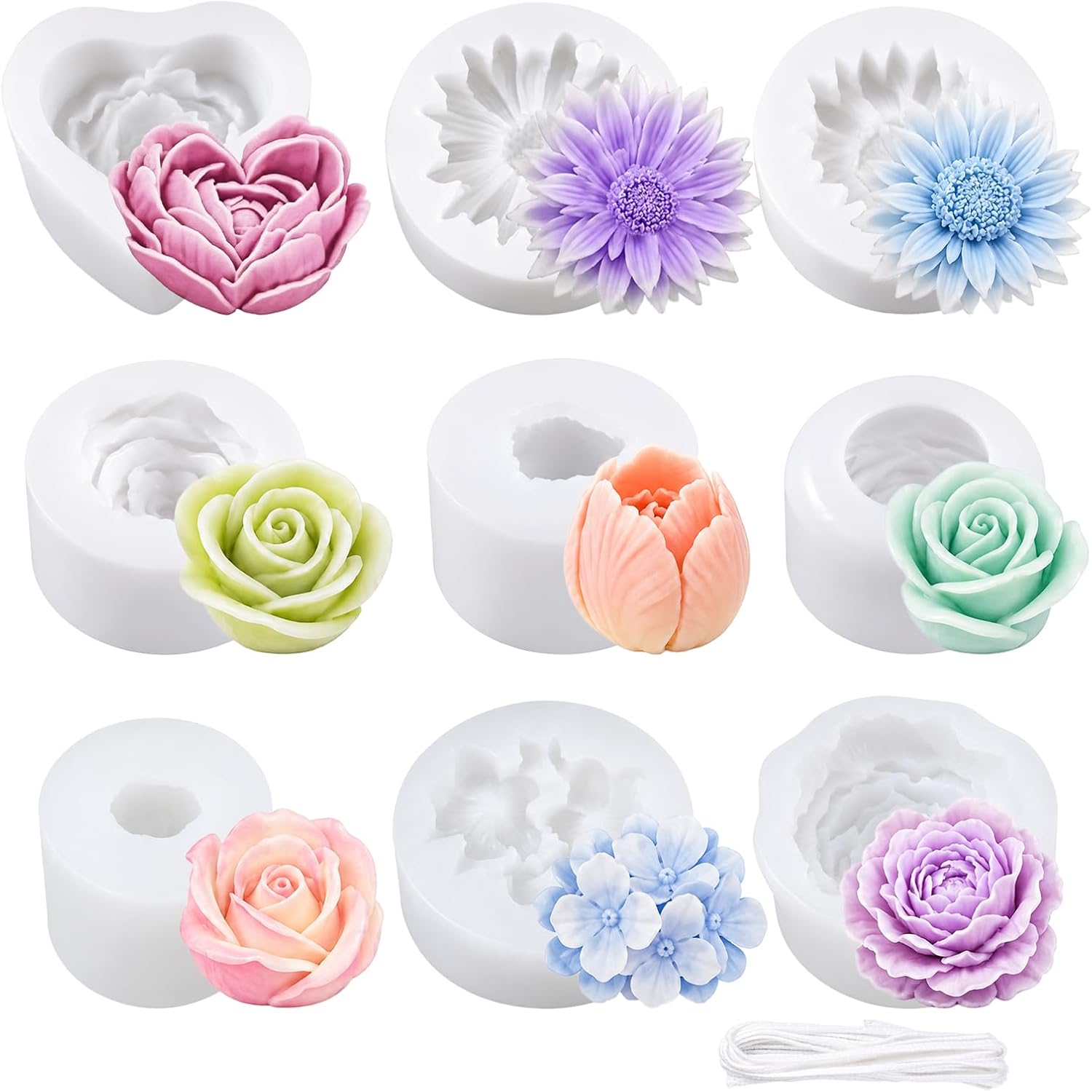 9 Pcs Rose Flower Tulip Peony Heart Candle Soap Wax Mold, Flower Candle Mold 3D Heart Tulip Silicone Molds, Spring Candles Moulds 3D Floral Silicone Molds for Soap Epoxy Resin Wax Soy Waxs Beeswax