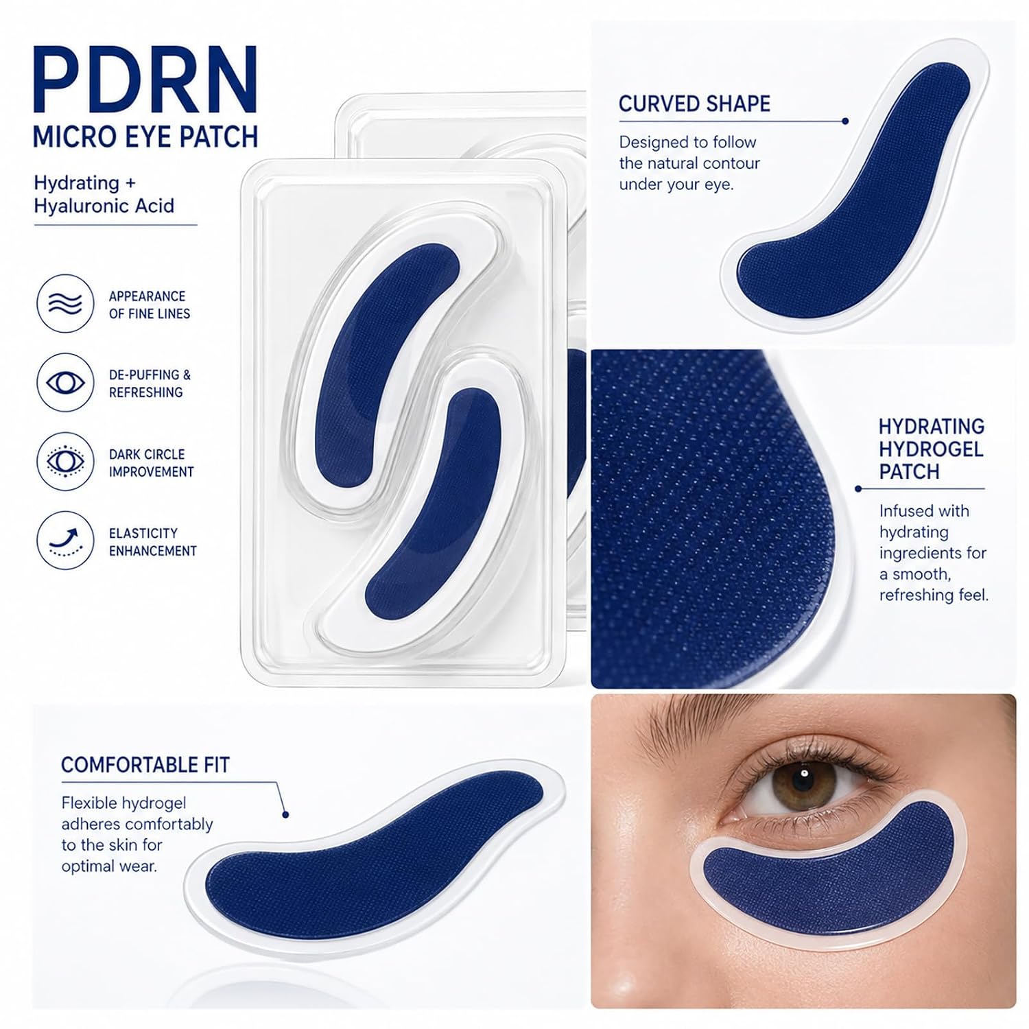 PDRN Eye Patches for Dark Circles and Puffiness, Hyaluronic Acid & Collagen | Makes the Eye Area Feel Firmer, for Wrinkles and Fine Lines, 4 Pairs Micro Under Eye Patches