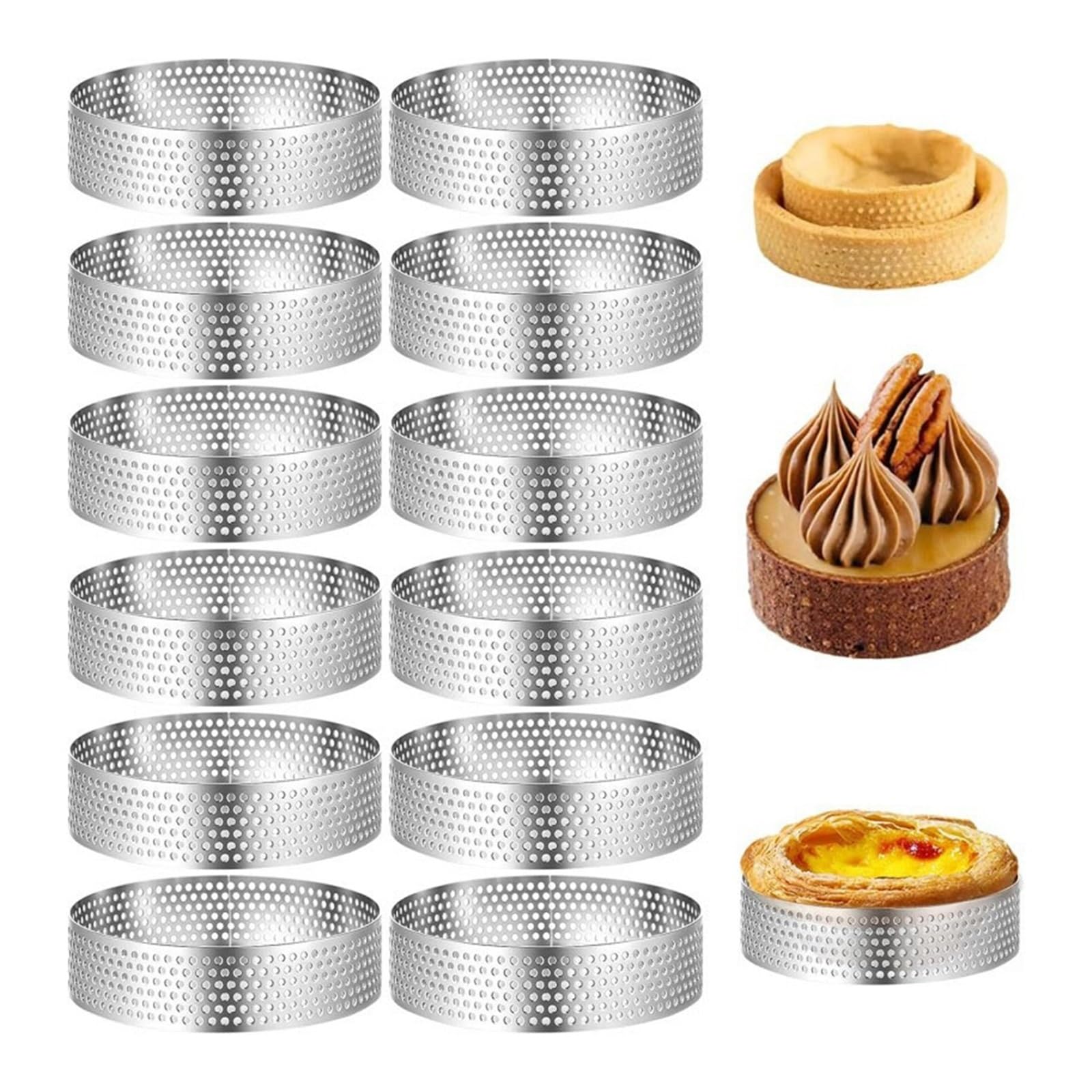 Lot de 12 moules à tarte perforés en acier inoxydable anti-adhésif pour tartes, mousses, quiches et desserts – Idéal pour la pâtisserie maison