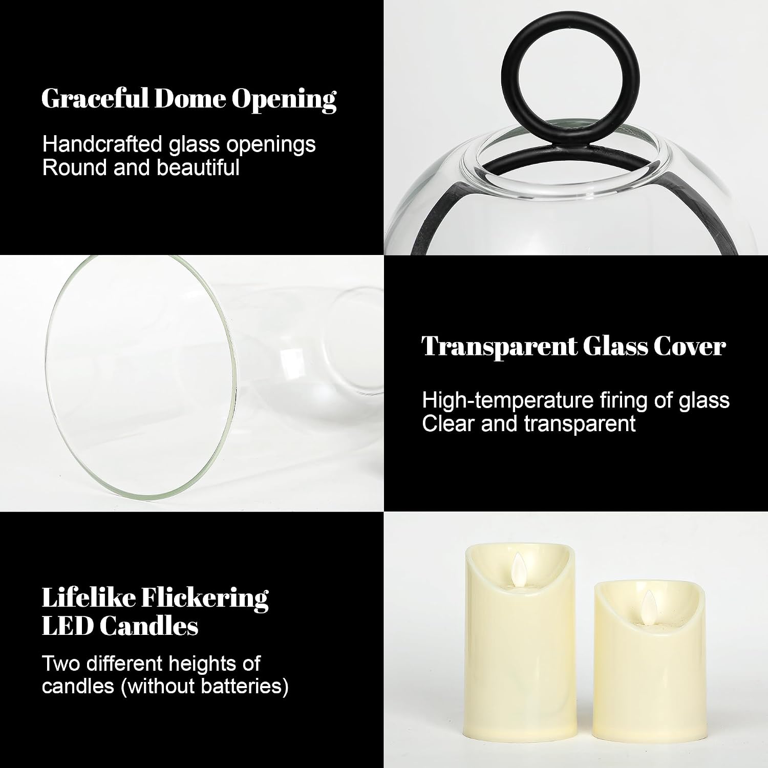 Hurricane Candle Holders Set of 2-10" & 7.8" Black Metal Base with Glass Dome, Includes 2 Pillar Candles, Hanging or Tabletop Centerpiece (Batteries Not Included)