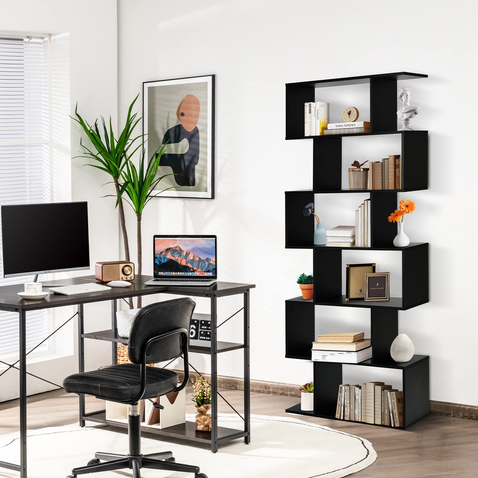 GIANTEX Librería en Forma de S, Estantería para Libros con 6 Estantes, 80 x 23 x 191 cm, Estantería de Almacenamiento Multifuncional, Diseño Antivuelco, para Salón, Estudio (Negro)