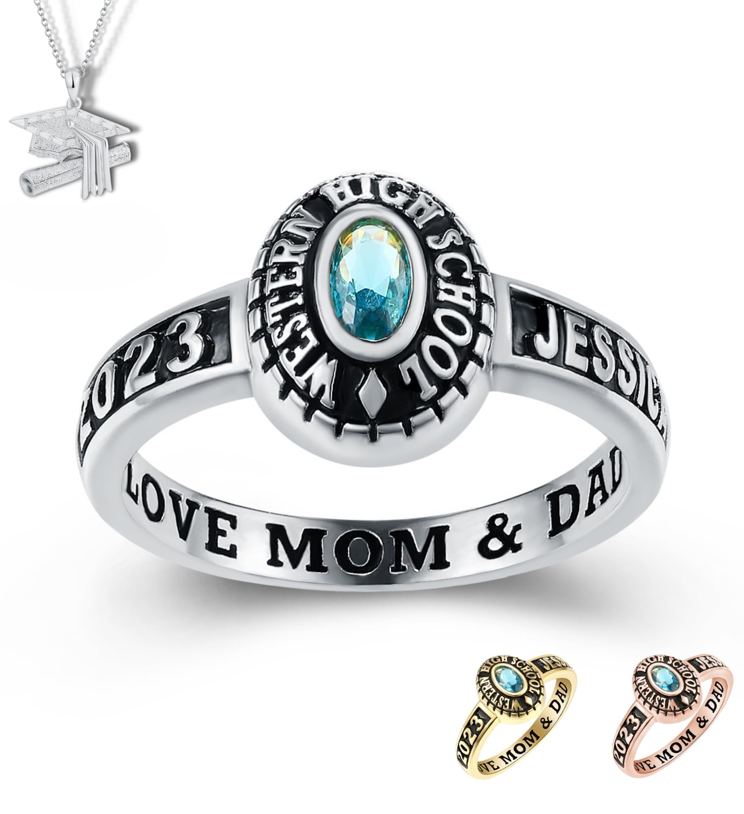 Official Mementos USA Premium American Brand Class Ring for Women – Express 5 Day Option - Black Band – Genuine Silenium, 925 Sterling Silver or 10KT