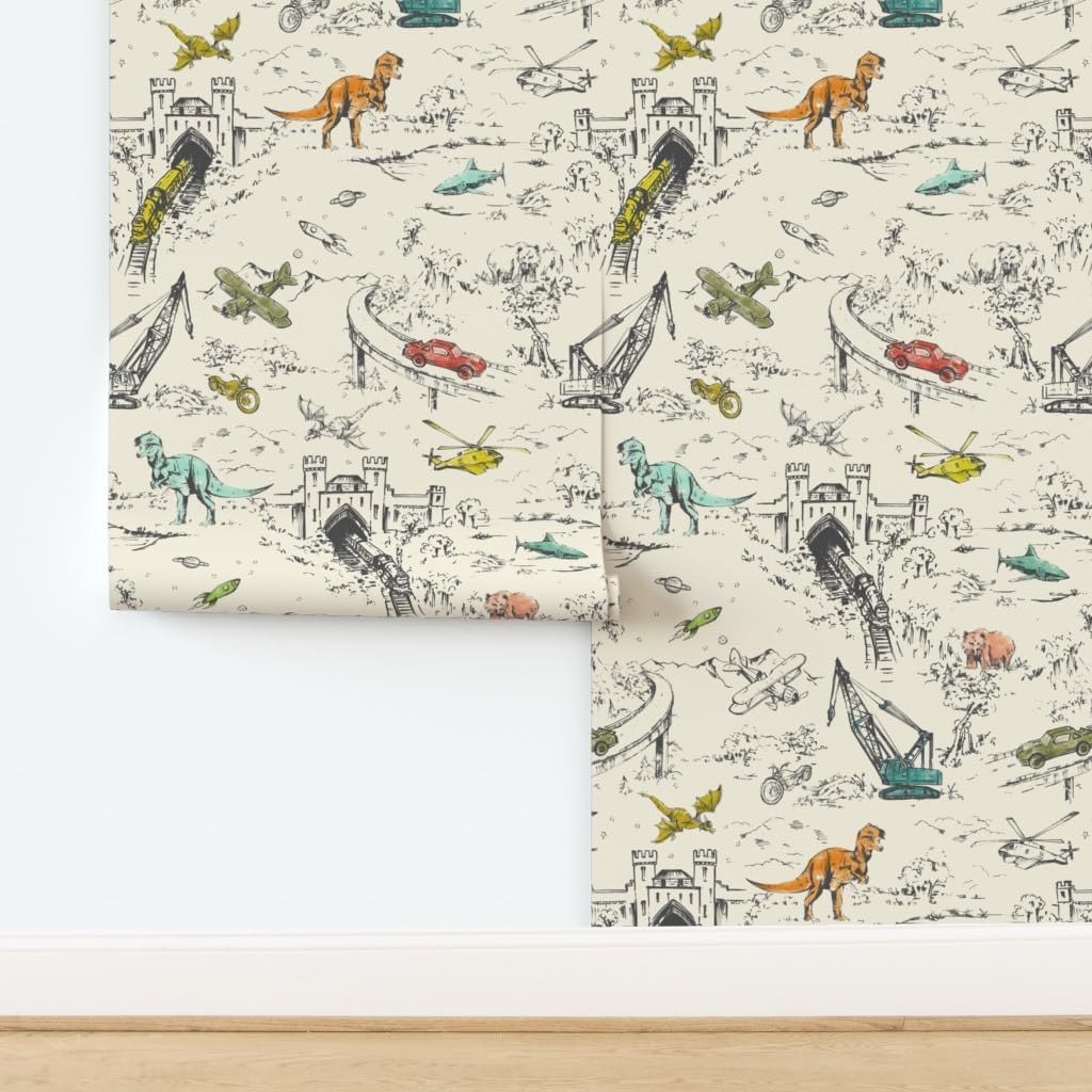 Peel & Stick Wallpaper Swatch - Kids Adventure Dinosaur Helicopter Train Construction Dragon Toile Custom Removable Wallpaper by Spoonflower