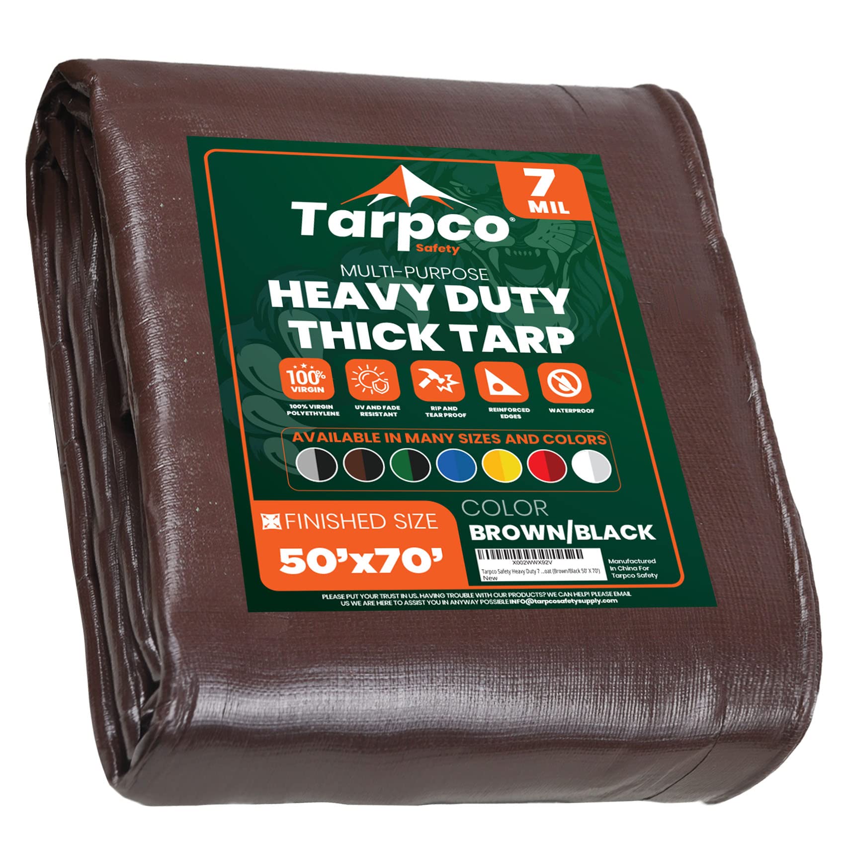 Heavy Duty 7 Mil Tarp Cover, Waterproof, UV Resistant, Rip and Tear Proof, Poly Tarpaulin with Reinforced Edges for Roof, Camping, Patio, Pool Cover, Boat (Brown/Black 50′ X 70′)