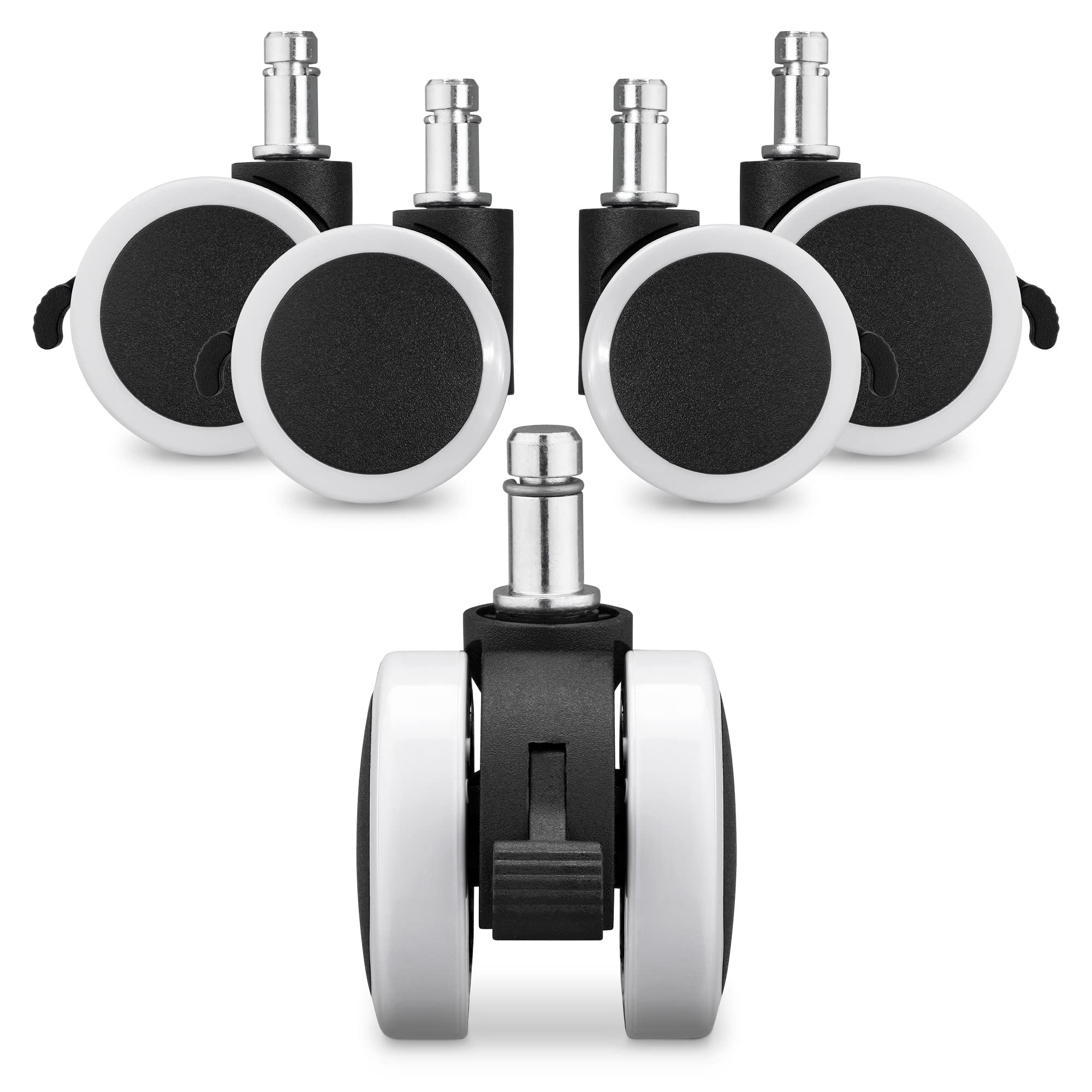 kwmobile 11 mm Office Chair Casters – Set of 5 x 50 mm Diameter Casters – Swivel Replacement Wheels with Brakes – White and Black
