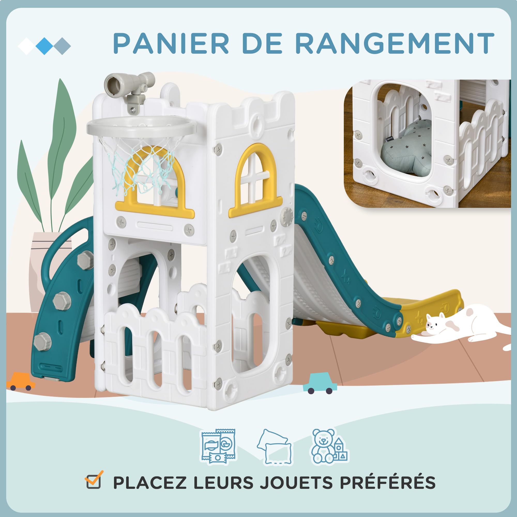 AIYAPLAY Toboggan pour Enfant 5 en 1 avec Panier de Basket Télescope Jaune | Espace de Rangement, Ballon, Escalade Antidérapante, Aire de Jeux Intérieur et Extérieur, pour Garçons et Filles 1-3 Ans