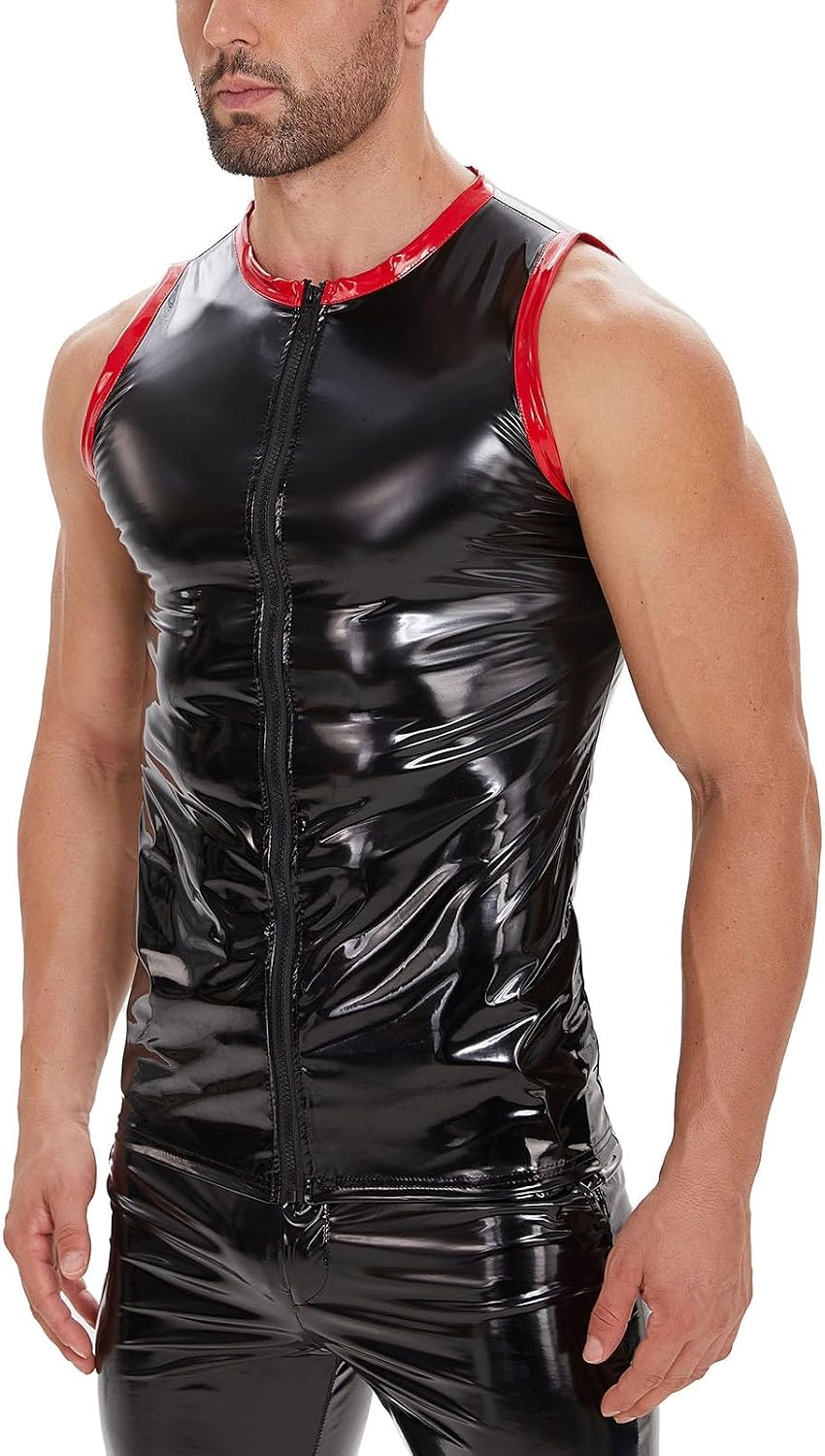 Men Shiny Leather Tank Top, Glossy, Male Wetlook Latex Casual T-Shirt