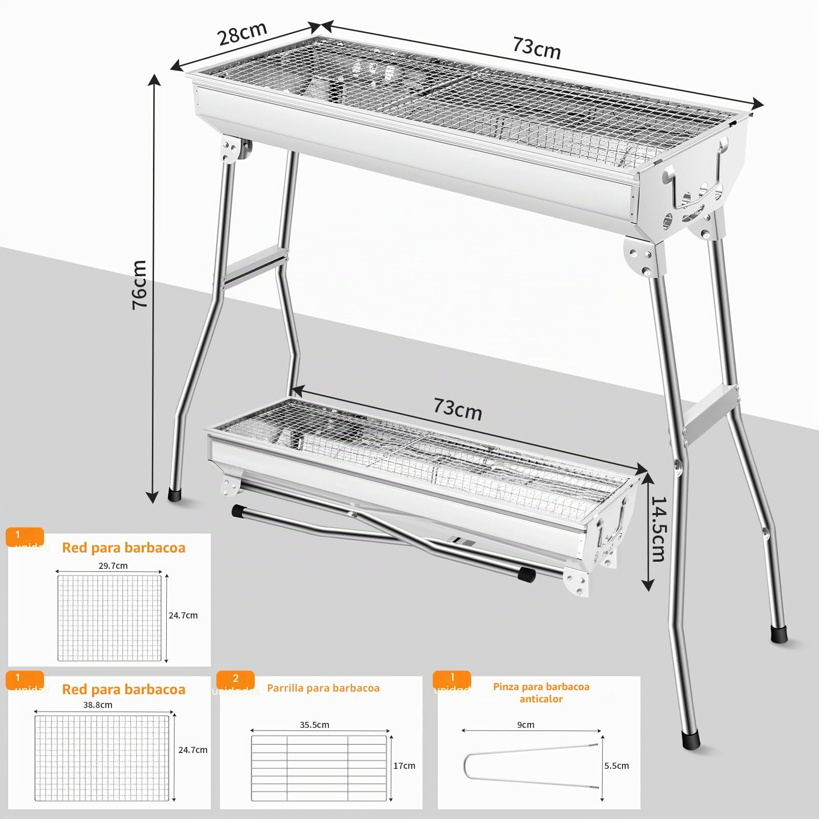 Barbacoa de carbón vegetal XXL (73 x 28 x 76 cm), parrilla de carbón portátil, barbacoa plegable de acero inoxidable, barbacoa de carbón para exteriores, barbacoa plegable, parrilla de carbón