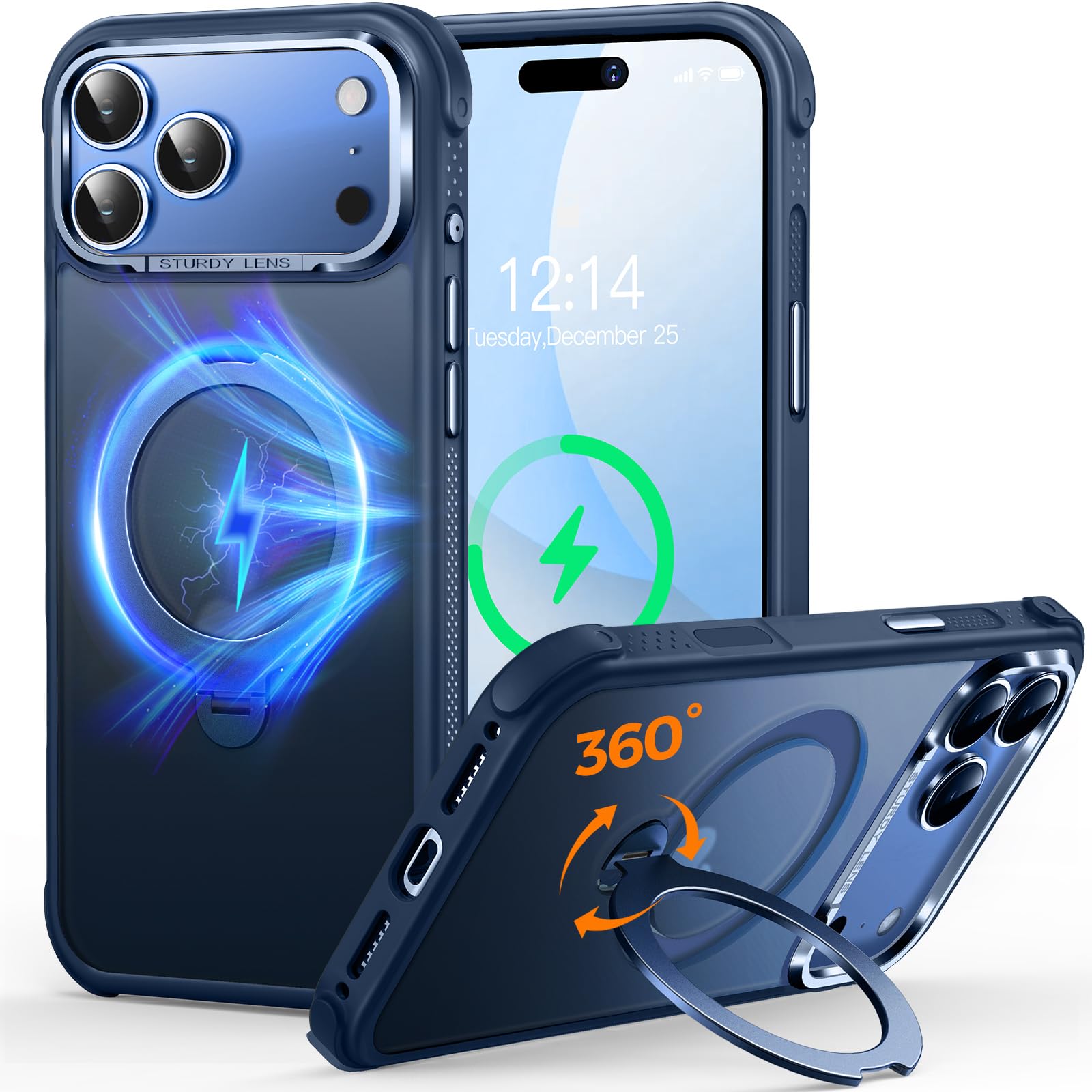 Funda O3 mag-Stand para iPhone 17 Pro con Soporte de 360°,[Compatible con MagSafe][Sensación de Piel Excepcional] Translúcida Mate Magnética Delgada 6.3 ",Azul Mate