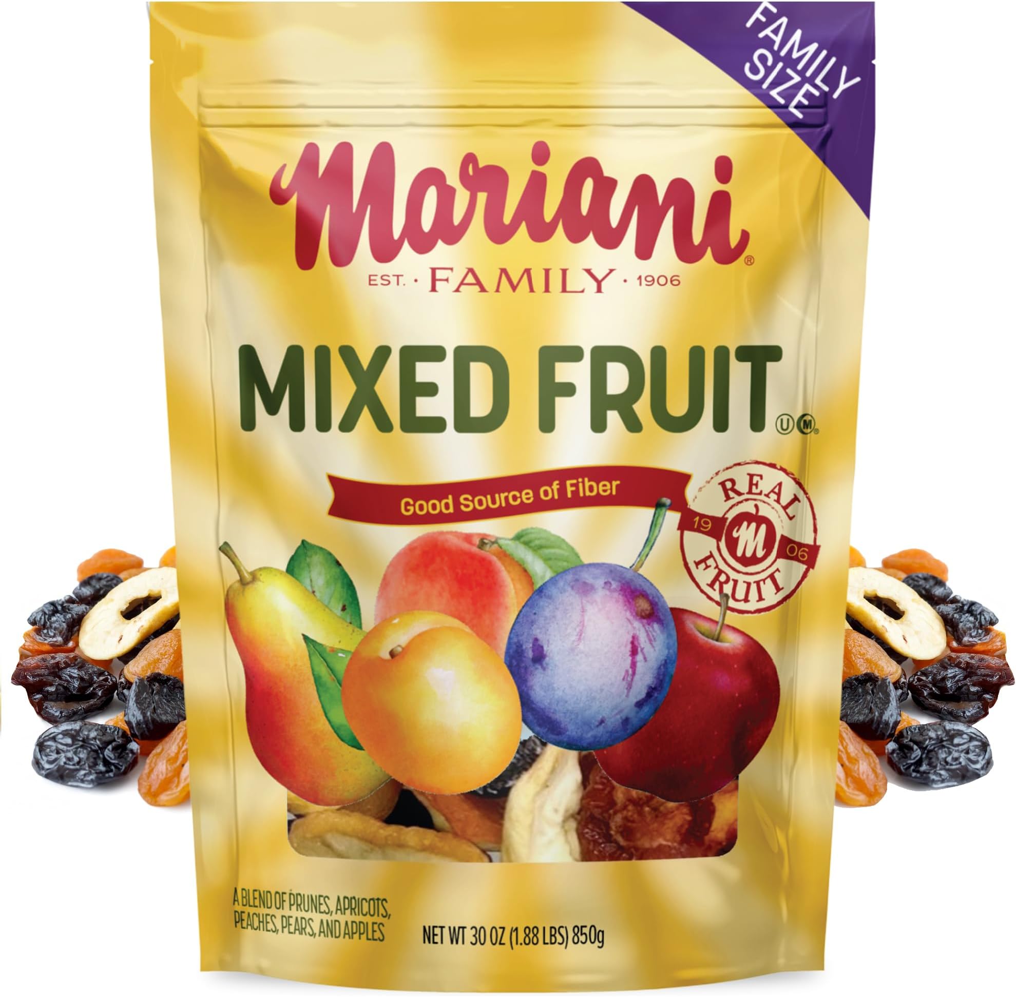 Mariani Mixed Fruit - 30oz Bulk Bag, Dried Fruit Mix No Sugar Added - Pears, Plums, Peaches, Apricots, Apples - American Made Quality Dried Fruit Snacks,Perfect for Trail Mix, Salads, Yogurt, Dessert