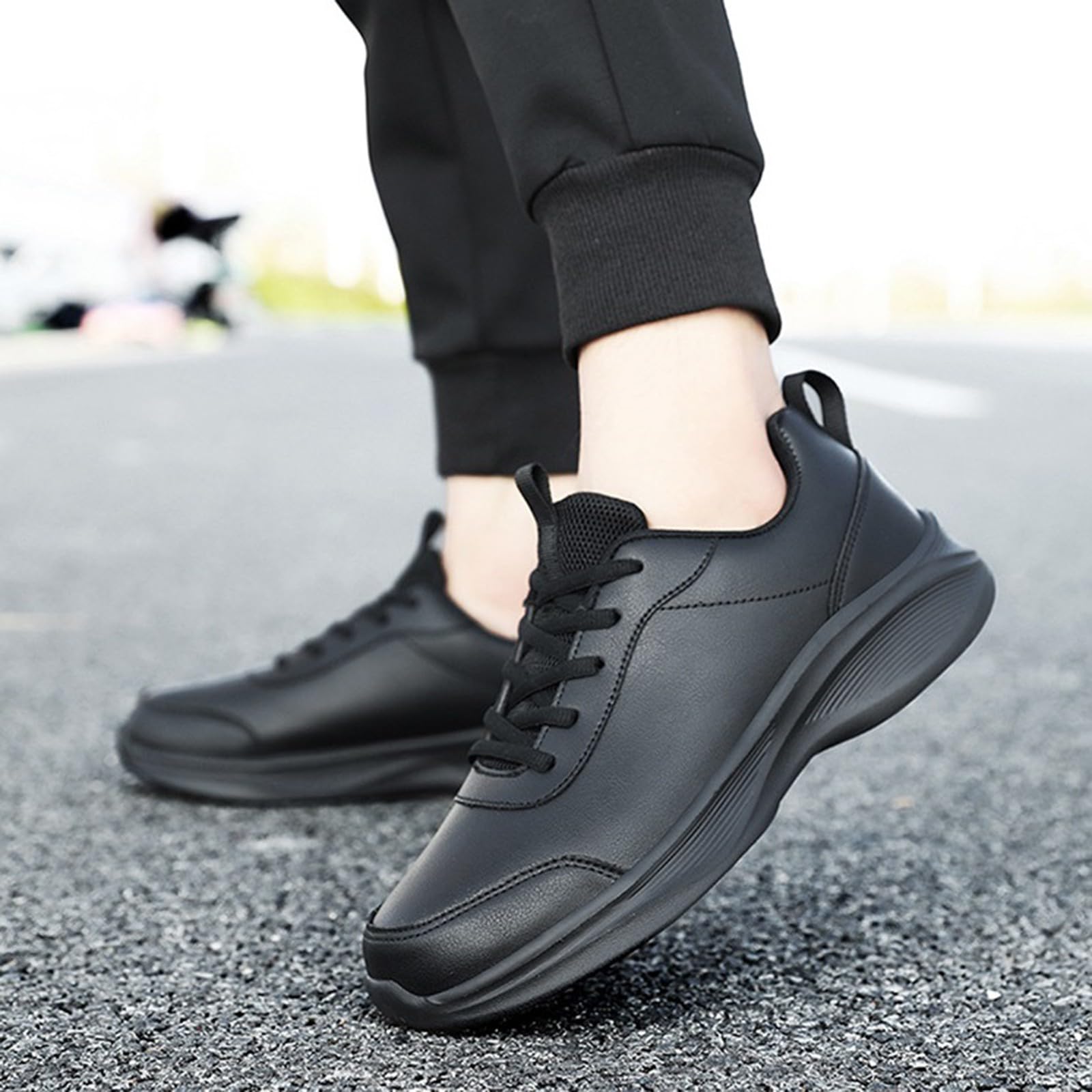 Baskets pour femme - Noir - Avec semelle blanche - Légères - En cuir - Antidérapantes - Respirantes - Chaussures de tennis épaisses - Avec lanières - Chaussures de fitness - Chaussures de marche