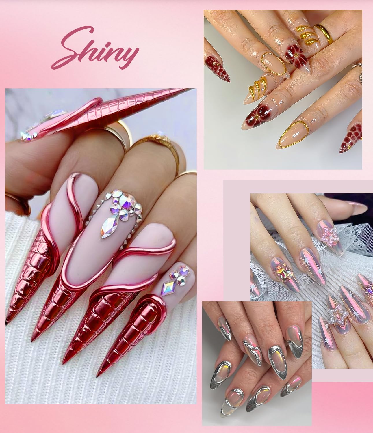 Gel à Gel 3d Ongle Multifonctionnel: 3d Ge l Nail Art 15g Pour Les Ongles Sans Essuyage Et 6pcs De Chrome Argent/Or, Poudre De Chrome Jaune Perle,De Pour La DéCoration (Rose/Rose)