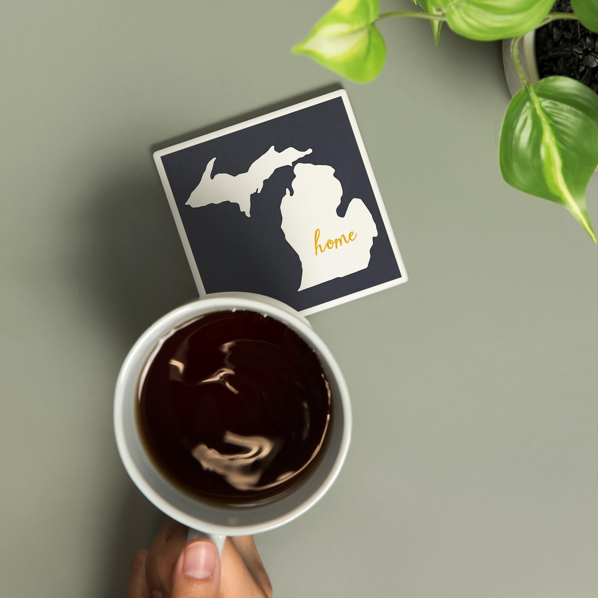 Michigan, Home State, White on Gray (Absorbent Ceramic Coaster, Single, Cork Back, Kitchen Table Decor)