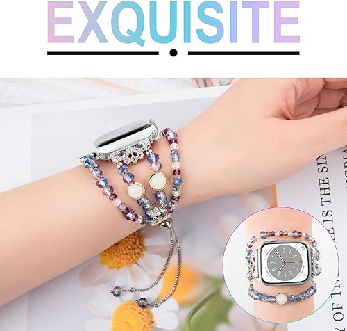 Miniatura 2 de fohuas Correa de cuentas compatible con Apple Watch de 1.496 in 1.575 in 1.614 in 1.654 in 1.732 in 1.772 in 1.929 in, cuentas de perlas de cristal