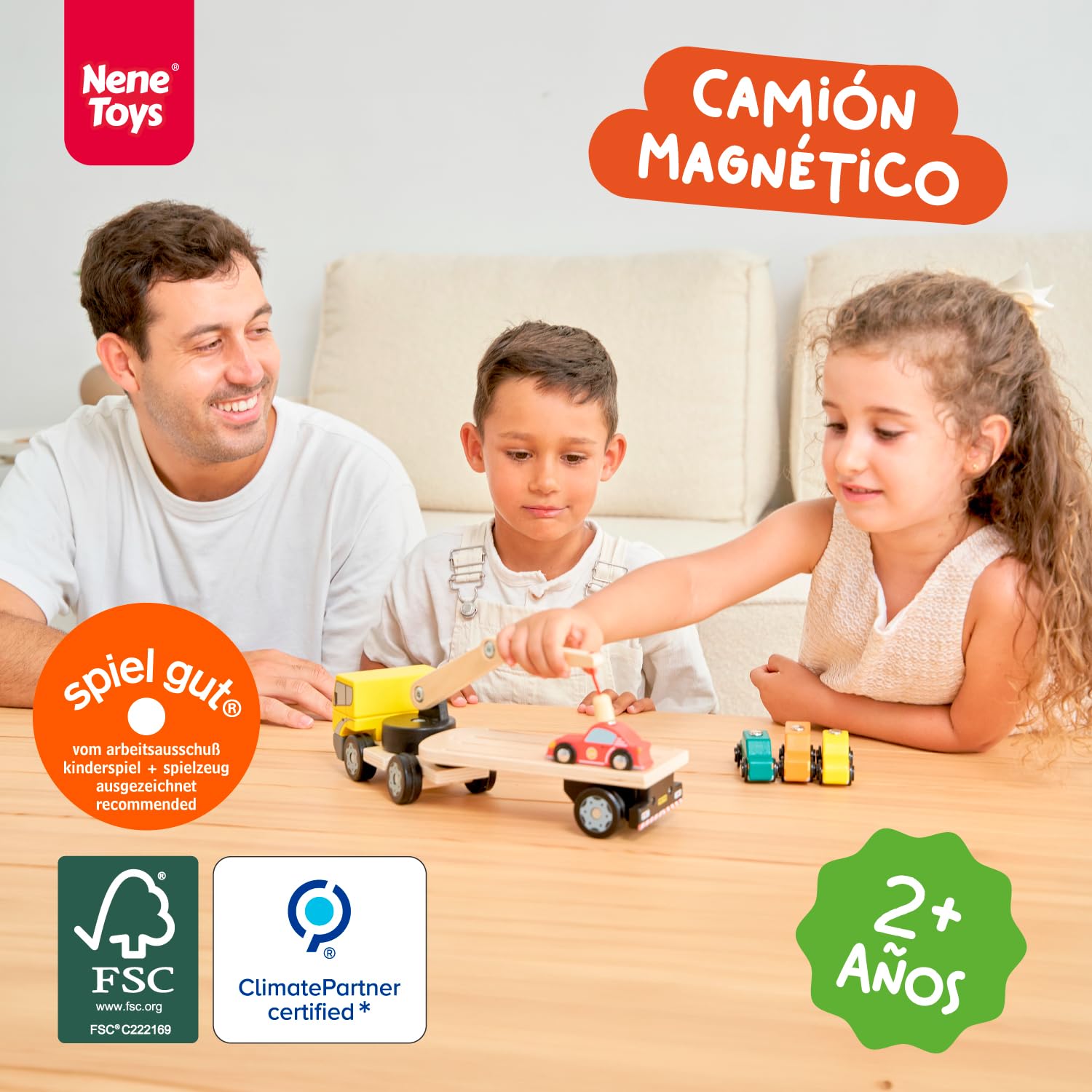 Nene Toys Camión Grúa de Madera con 4 Coches Magnéticos y Remolque Desmontable – Juguete Educativo para Niños 2+ Años – Vehículos Montessori Interactivos – Regalo Niños Niñas 2 3 4 Años