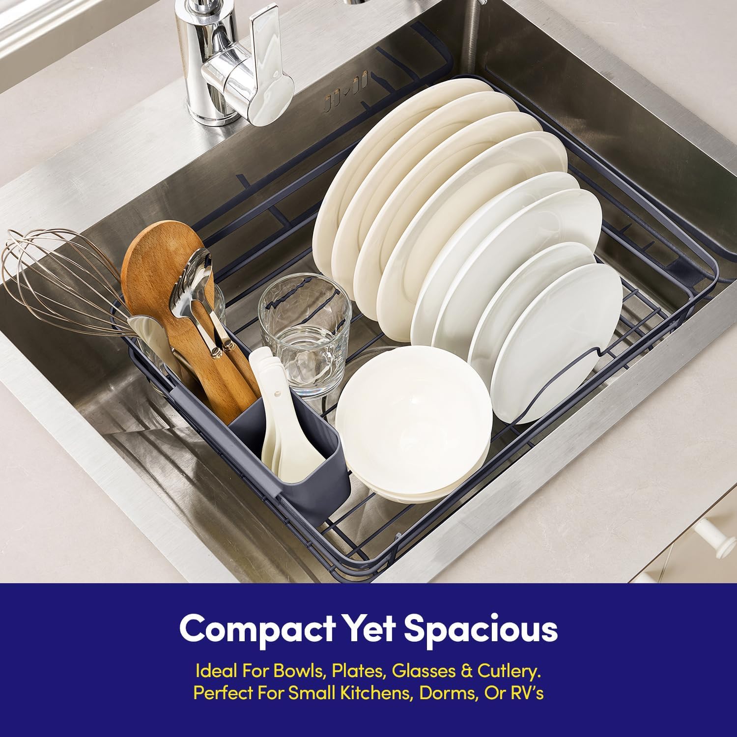 Dish Drying Rack 3 Piece Dish Drainer with Drainboard Set for Kitchen Counter – Dish Rack with Removable Utensil Holder & Swivel Spout for Countertop – DishRack for Plates, Cups & More, Gray