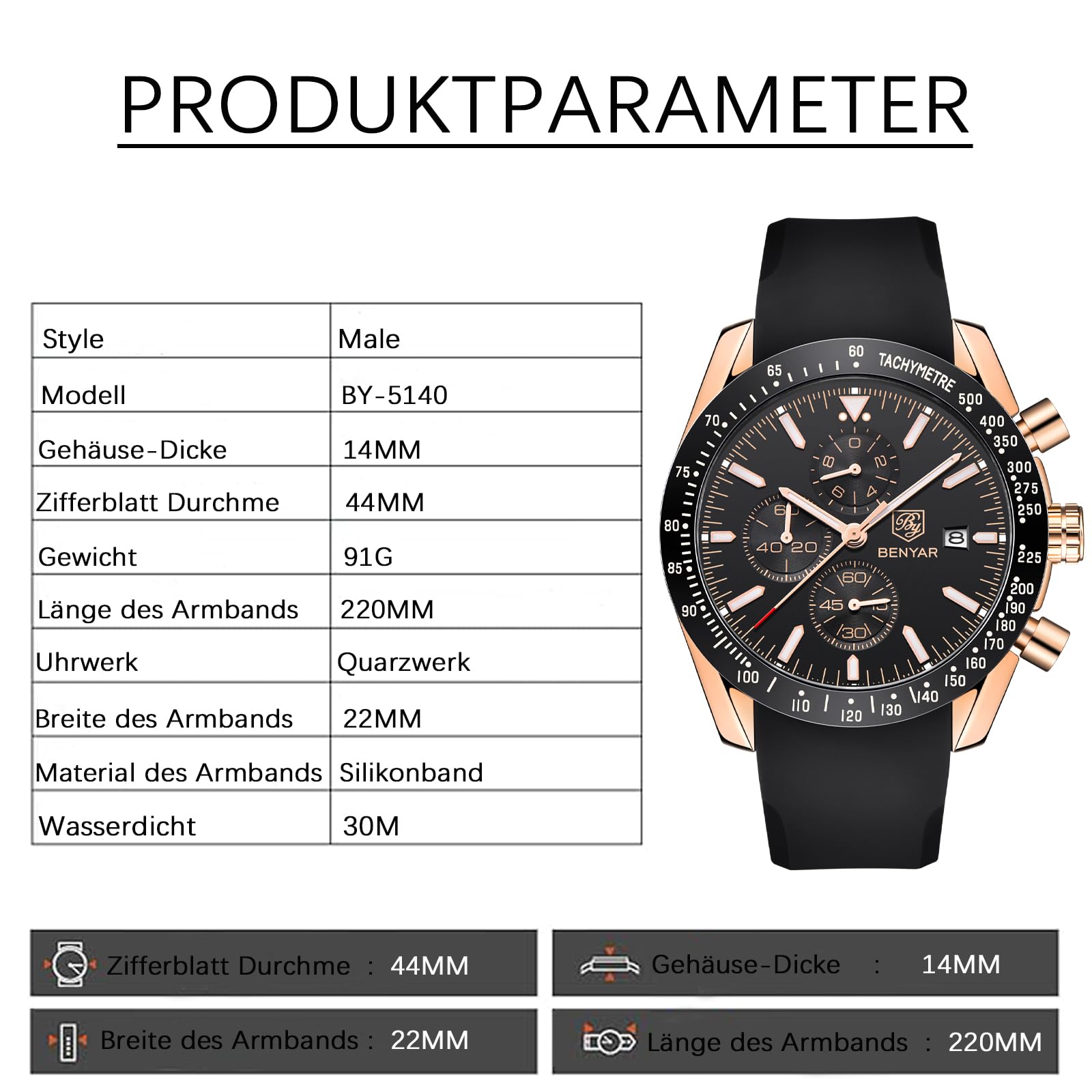 BENYAR Orologio da uomo Cronografo al quarzo 30M impermeabile con datario Luminoso Sporty Cinturino in pelle Regali alla moda per gli uomini
