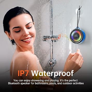 Bluetooth Shower Speaker with Light, Enhanced bass, Upgraded Portable Shower Speakers, Dual bass Driver, 12H Playtime, Suction Cup, Lanyard, Hands-Free Function for Bathroom Beach Part, Blue