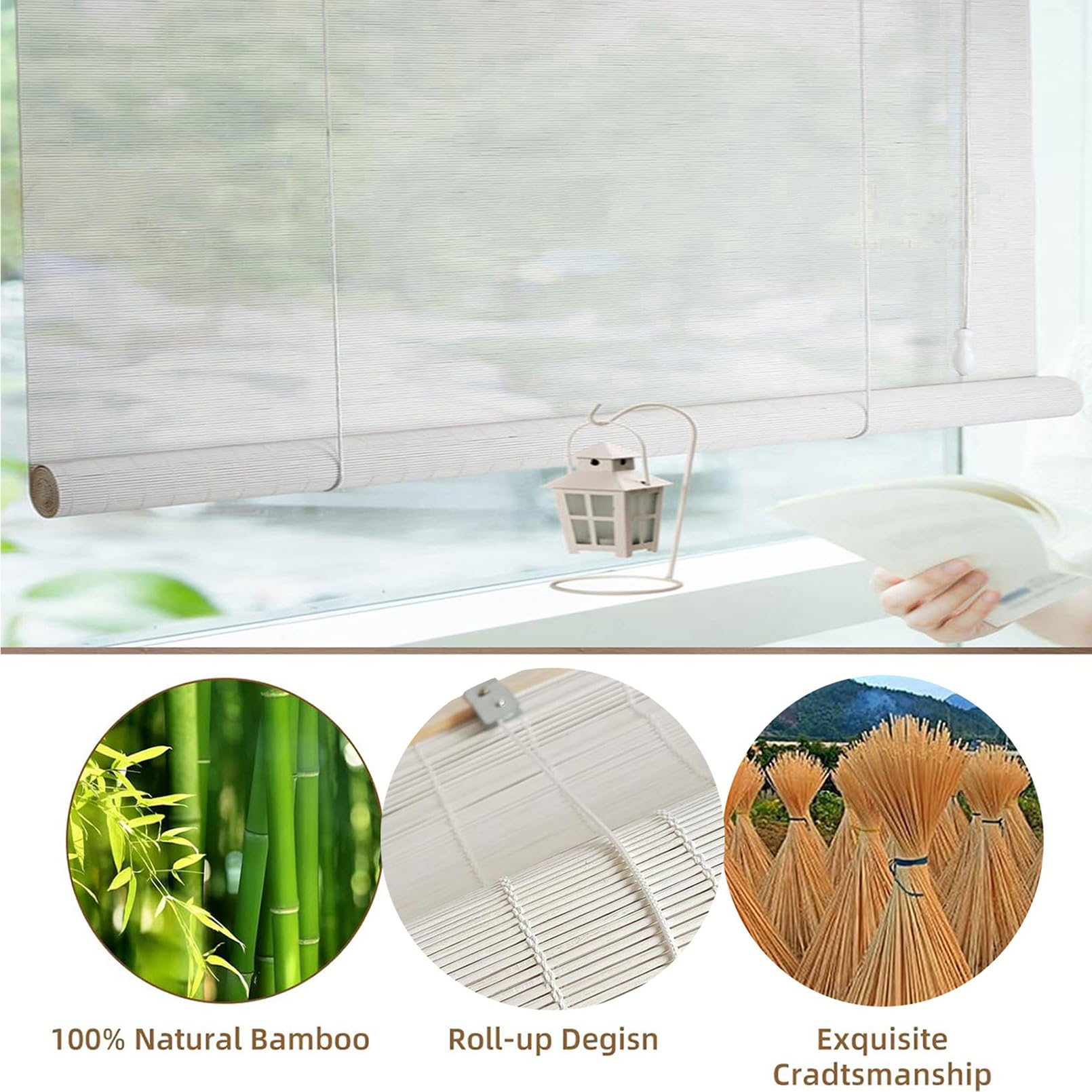 Store Enrouleur Bambou Naturel 90x100cm Blanc Stores Bambous pour intérieur et extérieur,Protection Solaire,Store Vénitien en Bambou,Tirage Latéral,Occultant,Respirant,pour Fenêtre et Porte