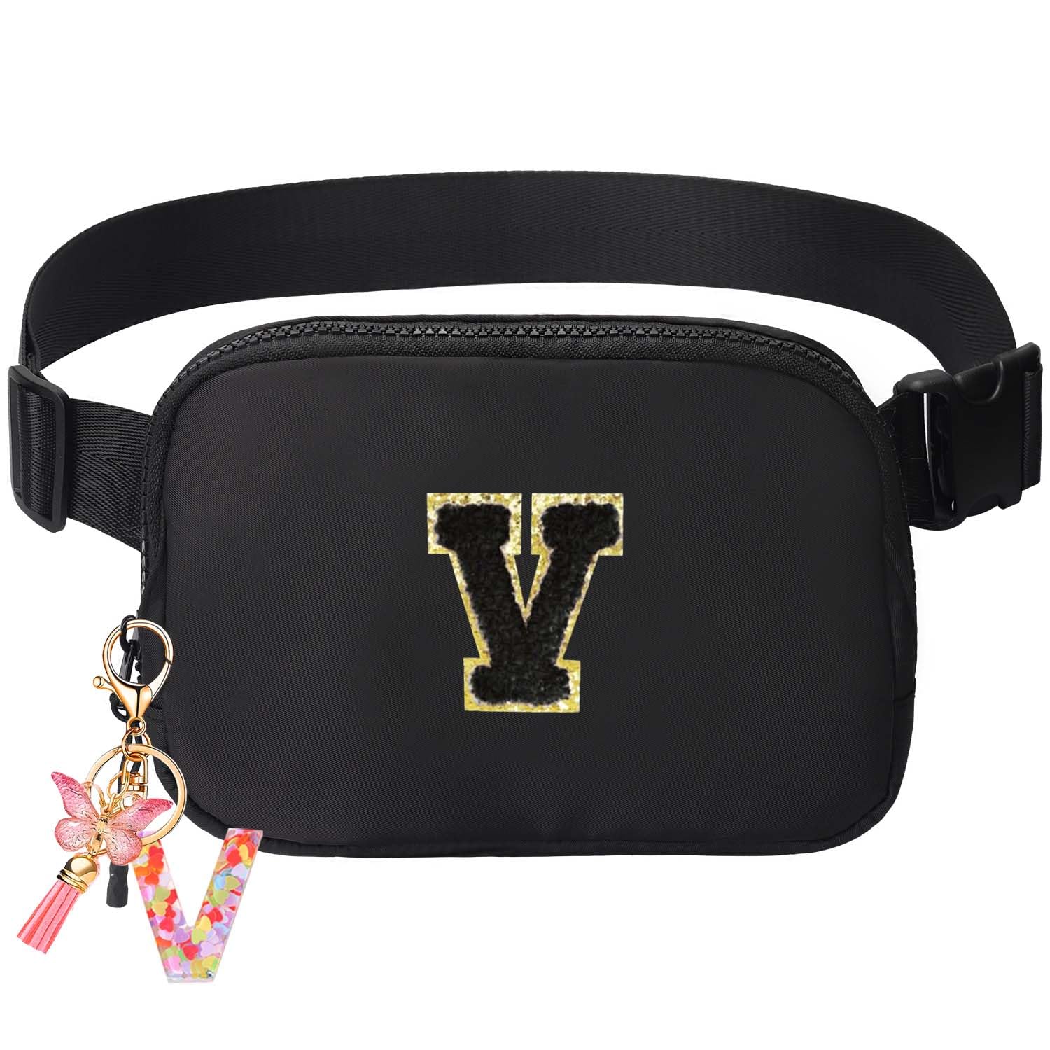 Belt Bag for Girls Gifts - Birthday Gifts for Teenager, Personalized Gifts for Mom Freind Sister Teacher, Graduation GiftsInitial Crossbody Bag Belt Bag for Women Black V