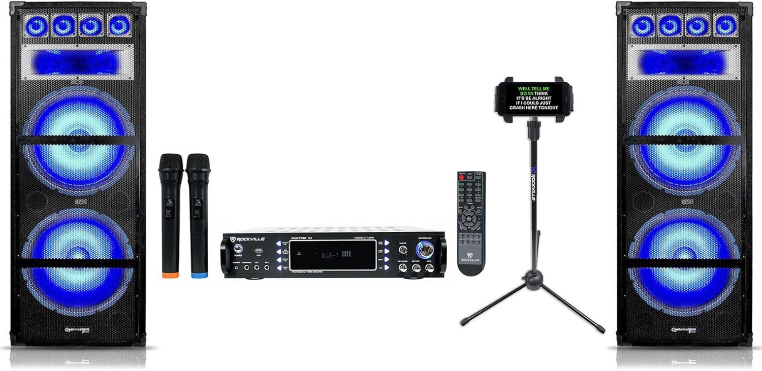 Rockville Bundle: (1) RV IPS20 Tablet/Phone Tripod Stand-Fits Bundle with (2) Technical Pro VRTX215LED Dual 15" 7-Way Carpeted Speaker & (1) RV RPA7000UWM 1000 Watt 2 Ch. Karaoke Amp (Items 4)