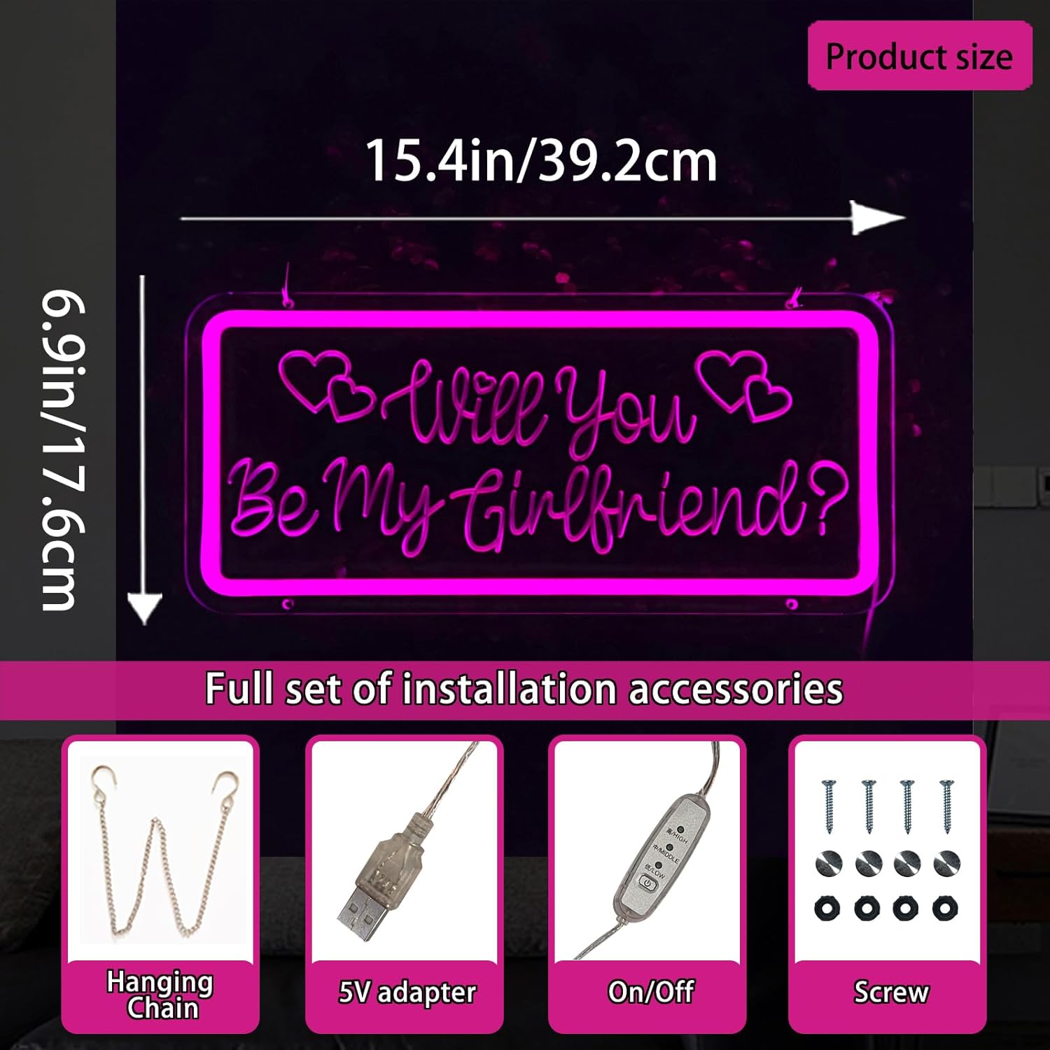 Will You Be My Girlfriend Neon Signs for Valentines Day Decorations, Dimmable Switch Led Light Up Letters Sign for Party, Engagement, Bedroom, Living Room, INSNEnN, 15.4 * 6.9 Inches - Image 7