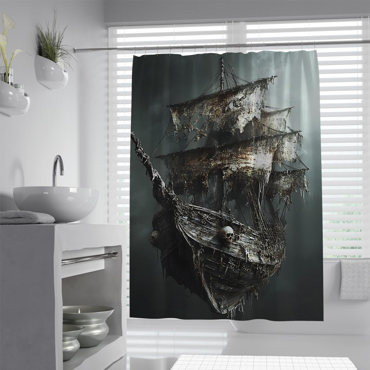 UIRINGART Halloween Retro Ship Shower Curtain W120xL180cm Ghost Sailing Boat Anti Mould Mildew Resistant Waterproof Fabric Bathroom Curtain with Hooks