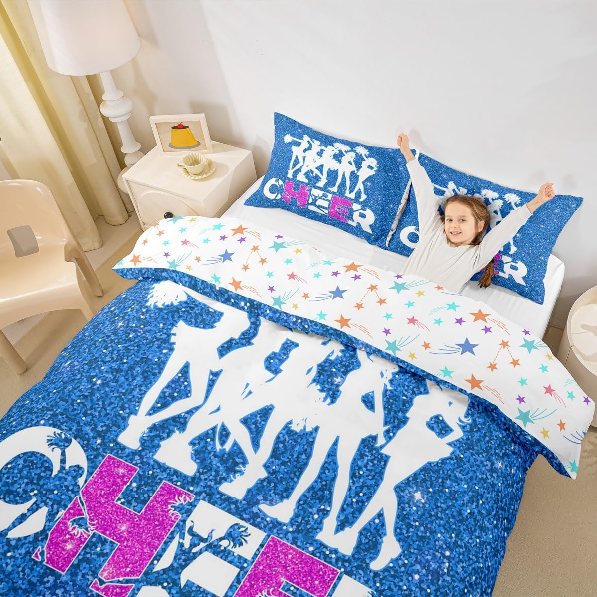 Cheerleader Duvet Cover Twin Size,Dance Gymnastics Lovers Bedding Set For Kids Teens Girls Woman Room Decor,Blue Glitter Gymnast Silhouette Comforter Cover Cheer Team Quilt Cover 2pcs,1 Pillowcase image 3