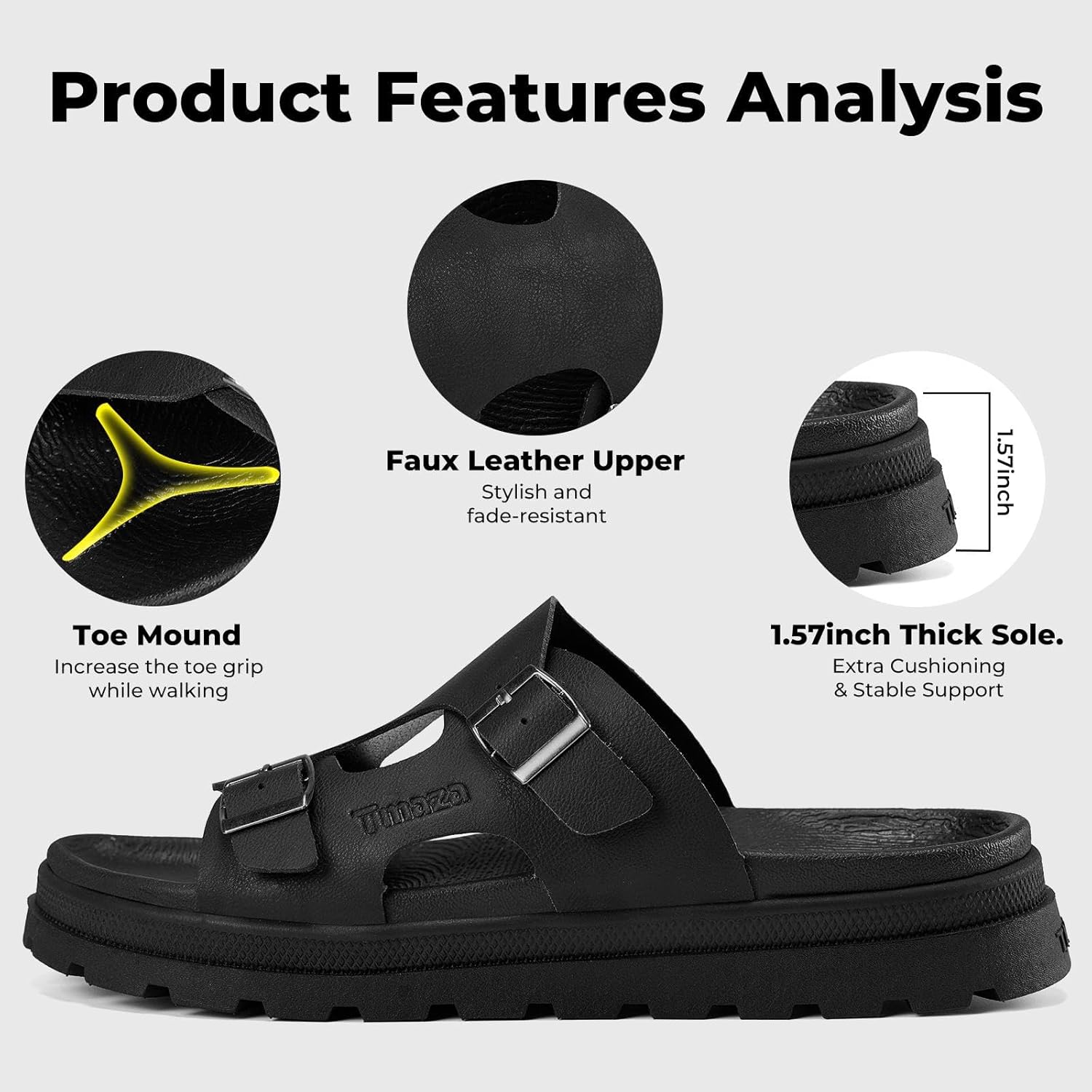 Mens Platform Sandals - Arch Support Adjustable Double Buckle Slides Non-Slip Slide Sandals for Daily Wear