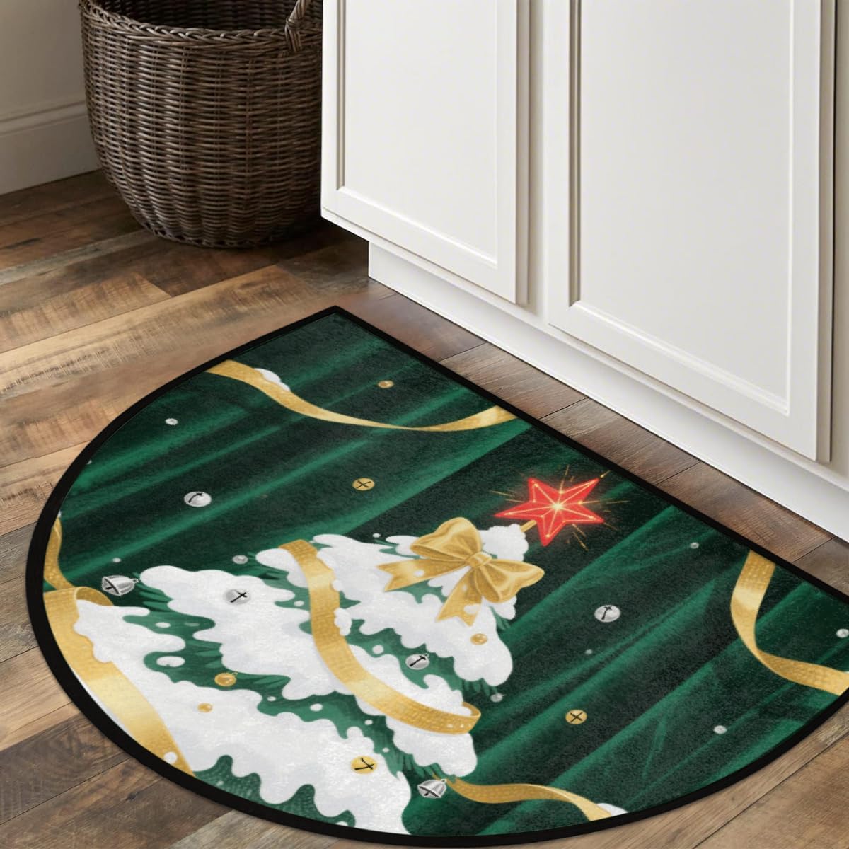 Half Round Door Mat - Indoor Outdoor Christmas Tree Half Circle Rug for Entryway, Bathroom, Kitchen, Living Room - Washable Non-Slip Half Moon Mat with Boho Floral Vintage - Small Floor Mat
