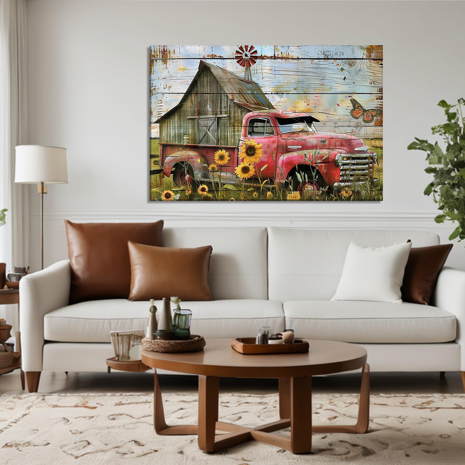 LYUNSHUO Farmhouse Wall Art Vintage Barn Canvas Print Flowers Cart Picture Pink Sky Country Scenery Painting for Living Room Bedroom Bathroom Office Modern Home Wall Decor(Art-11,12.00"x18.00")