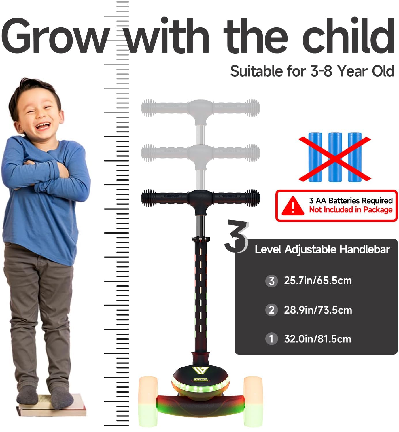 Winhope Kids Scooter, 3 Wheel Scooter for Kids Ages 2-8 with LED Light-Up Wheels, Adjustable Handlebar & Wide Anti-Slip Deck, Toddler Scooters with Rear Brake for Boys Girls up to 100 Lbs